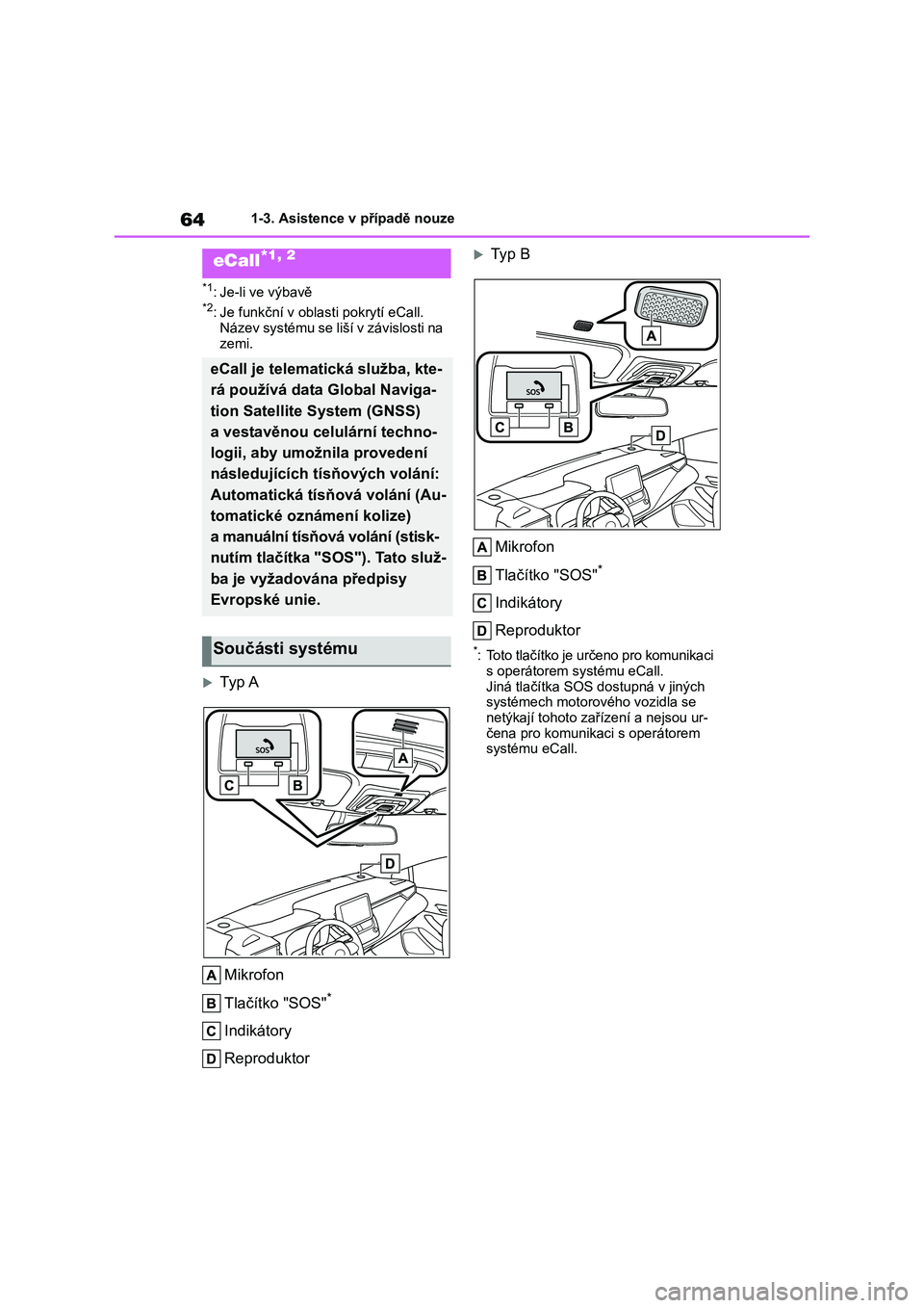TOYOTA COROLLA 2023 Návod na použití (in Czech) 641-3. Asistence v případě nouze
1-3.Asistence v případě nouze
*1: Je-li ve výbavě*2: Je funkční v oblasti pokrytí eCall.
Název systému se liší v závislosti na
zemi.
Ty p A
Mik TOYOTA COROLLA 2023 Návod na použití (in Czech) 641-3. Asistence v případě nouze
1-3.Asistence v případě nouze
*1: Je-li ve výbavě*2: Je funkční v oblasti pokrytí eCall.
Název systému se liší v závislosti na
zemi.
Ty p A
Mik