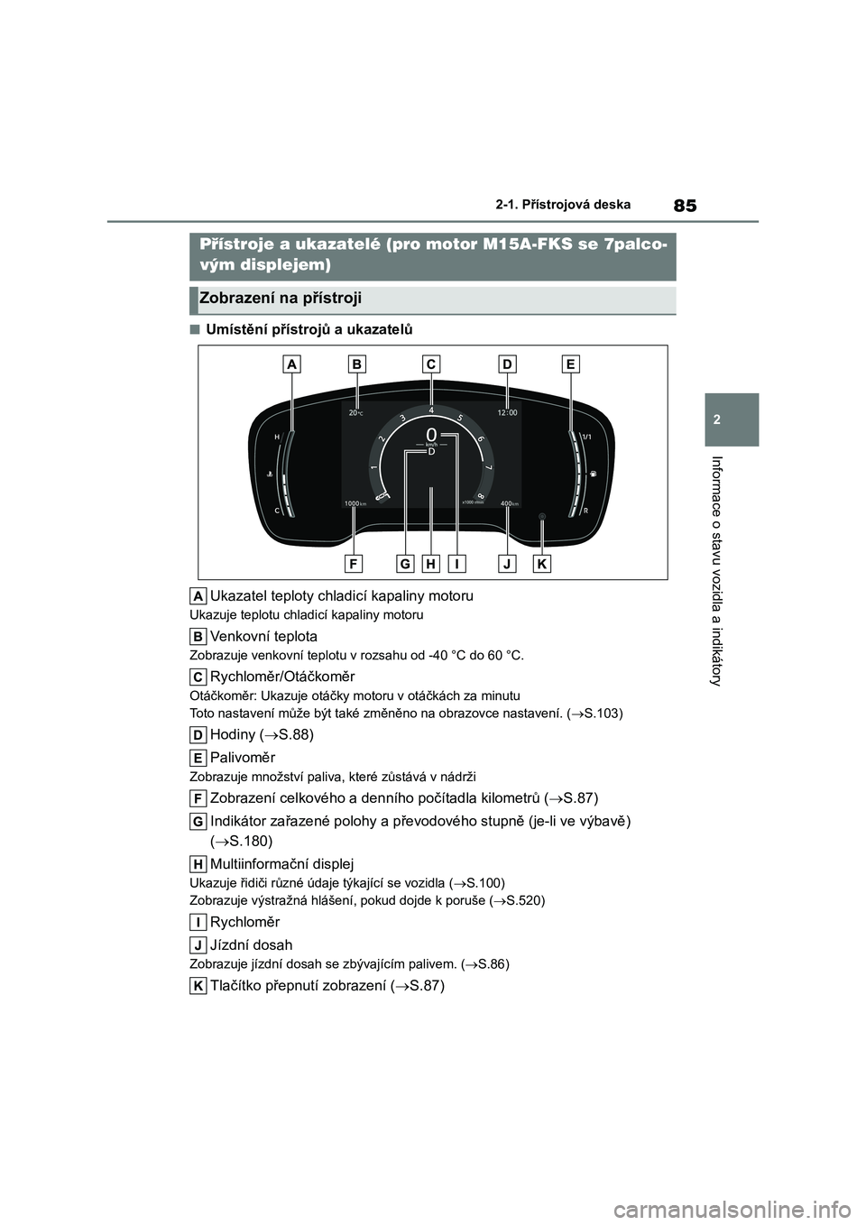 TOYOTA COROLLA 2023  Návod na použití (in Czech) 85
2 
2-1. Přístrojová deska
Informace o stavu vozidla a indikátory
■Umístění přístro jů a ukazatelů 
Ukazatel teploty chladicí kapaliny motoru
Ukazuje teplotu chladicí kapaliny motoru

