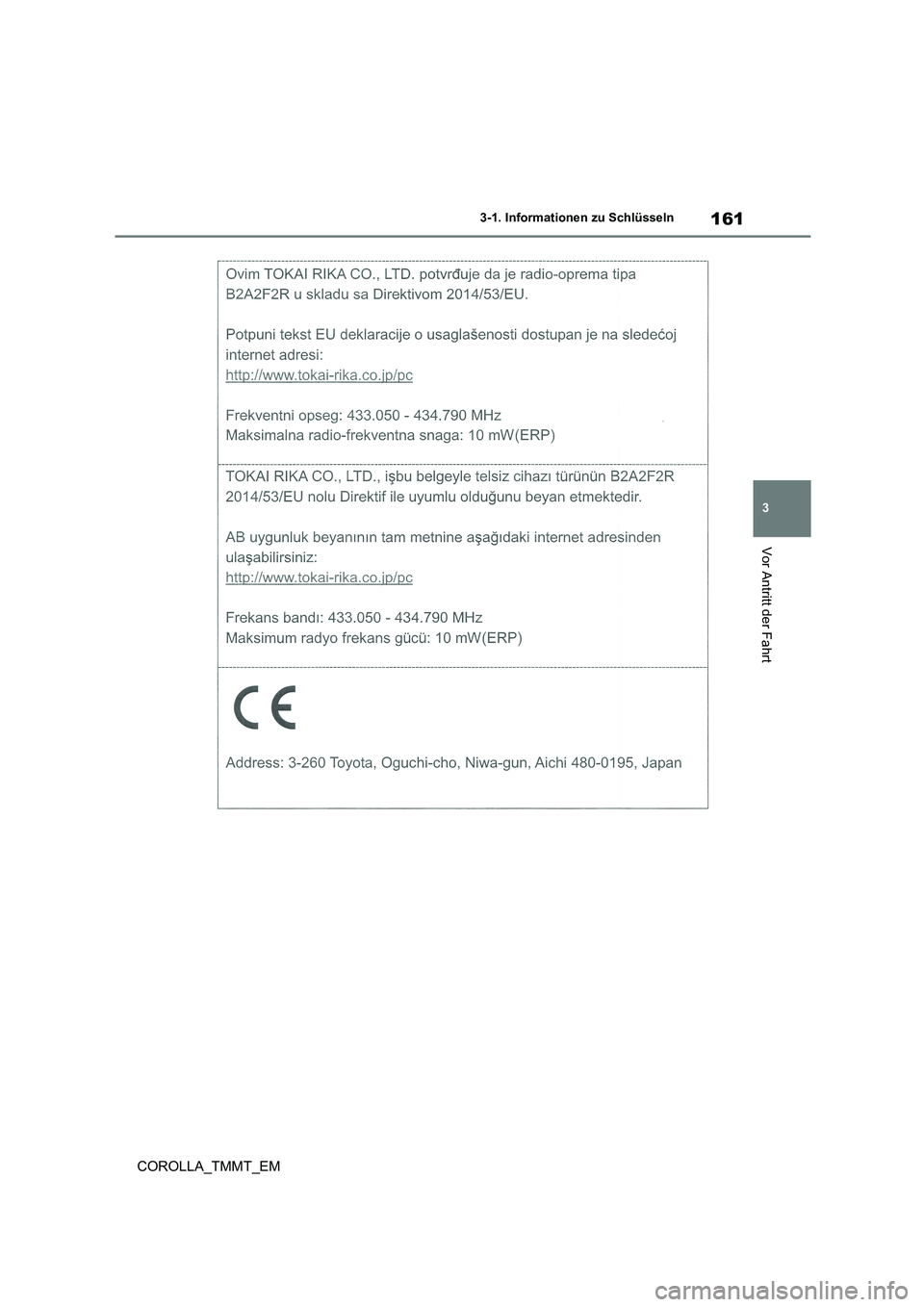 TOYOTA COROLLA 2021 Betriebsanleitungen (in German) 161
3
3-1. Informationen zu Schlüsseln
Vor Antritt der Fahrt
COROLLA_TMMT_EM TOYOTA COROLLA 2021 Betriebsanleitungen (in German) 161
3
3-1. Informationen zu Schlüsseln
Vor Antritt der Fahrt
COROLLA_TMMT_EM