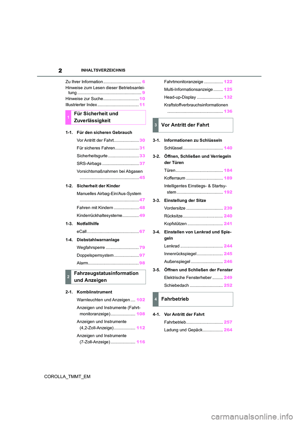 TOYOTA COROLLA 2020  Betriebsanleitungen (in German) 2
COROLLA_TMMT_EM
INHALTSVERZEICHNIS
Zu Ihrer Information ................................6 
Hinweise zum Lesen dieser Betriebsanlei- 
tung ...................................................... 9 
Hi