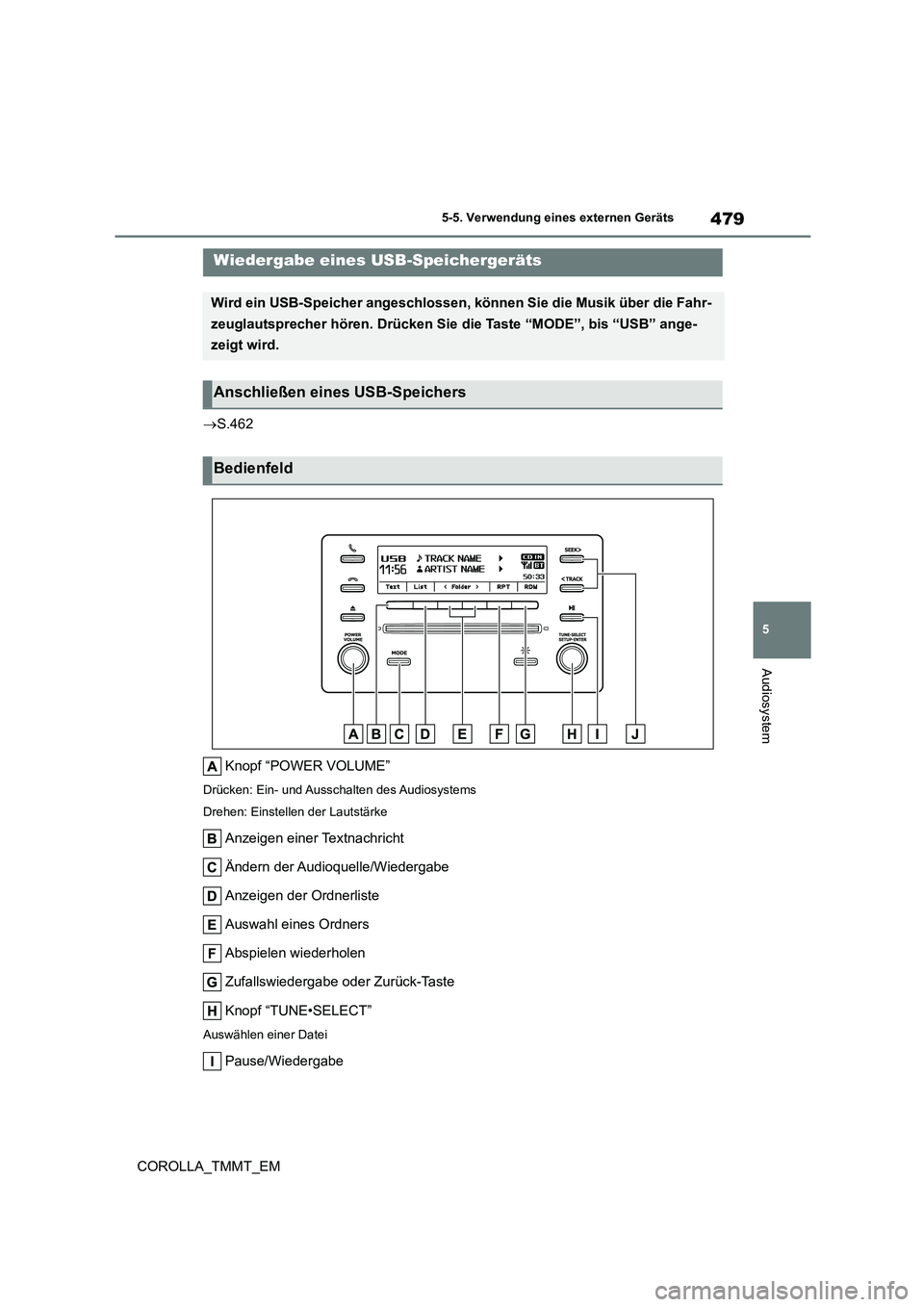 TOYOTA COROLLA 2020 Betriebsanleitungen (in German) 479
5
5-5. Verwendung eines externen Geräts
Audiosystem
COROLLA_TMMT_EM
S.462
Knopf “POWER VOLUME”
Drücken: Ein- und Ausschalten des Audiosystems
Drehen: Einstellen der Lautstärke
Anzei TOYOTA COROLLA 2020 Betriebsanleitungen (in German) 479
5
5-5. Verwendung eines externen Geräts
Audiosystem
COROLLA_TMMT_EM
S.462
Knopf “POWER VOLUME”
Drücken: Ein- und Ausschalten des Audiosystems
Drehen: Einstellen der Lautstärke
Anzei