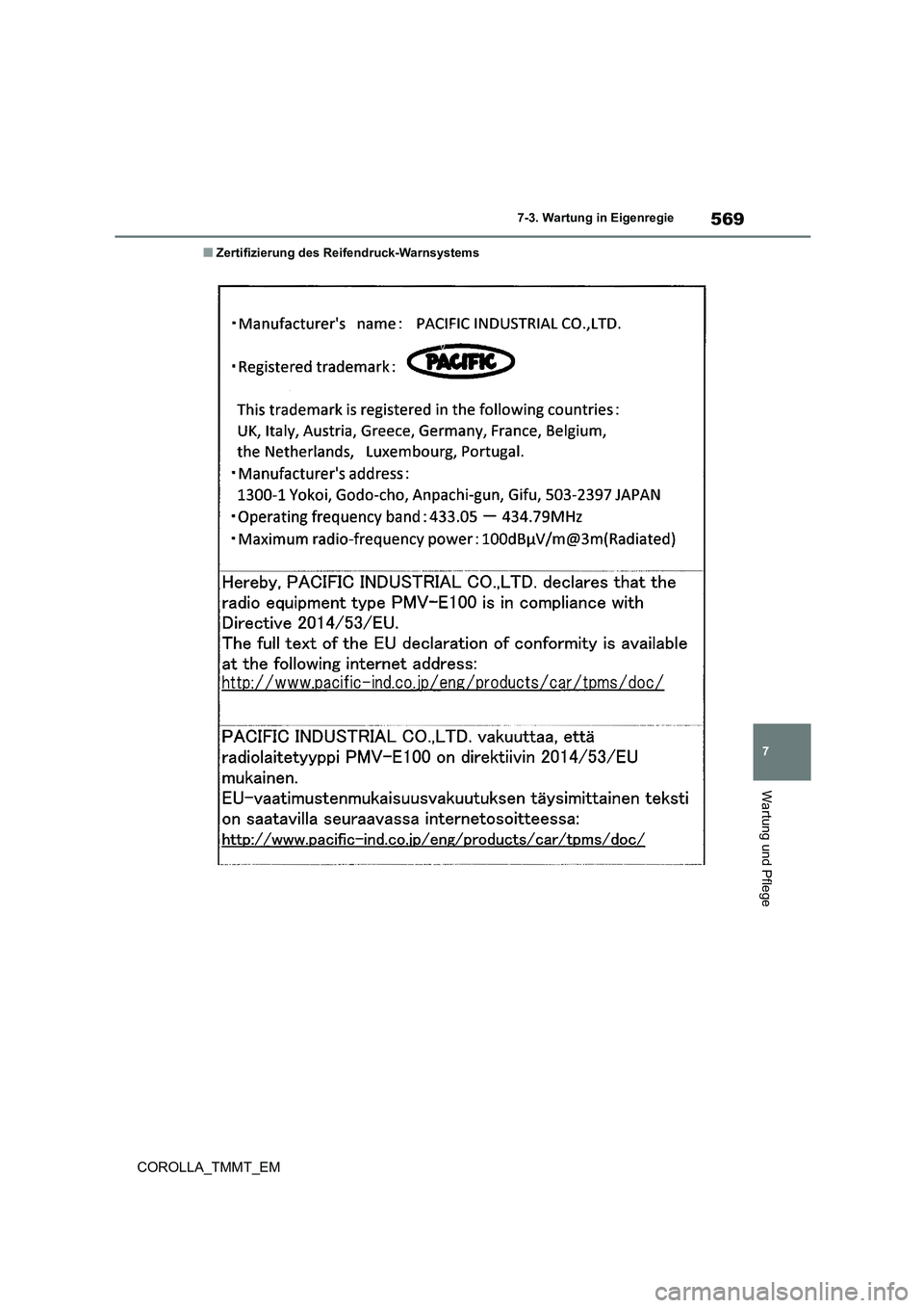 TOYOTA COROLLA 2021  Betriebsanleitungen (in German) 569
7 
7-3. Wartung in Eigenregie
Wartung und Pflege
COROLLA_TMMT_EM
■Zertifizierung des Reifendruck-Warnsystems 