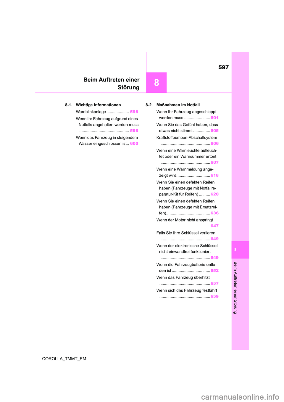 TOYOTA COROLLA 2021 Betriebsanleitungen (in German) 8
597
8
COROLLA_TMMT_EM
Beim Auftreten einer Störung
Beim Auftreten einer
Störung
.8-1. Wichtige Informationen
Warnblinkanlage .................... 598
Wenn Ihr Fahrzeug aufgrund eines
Notfalls TOYOTA COROLLA 2021 Betriebsanleitungen (in German) 8
597
8
COROLLA_TMMT_EM
Beim Auftreten einer Störung
Beim Auftreten einer
Störung
.8-1. Wichtige Informationen
Warnblinkanlage .................... 598
Wenn Ihr Fahrzeug aufgrund eines
Notfalls