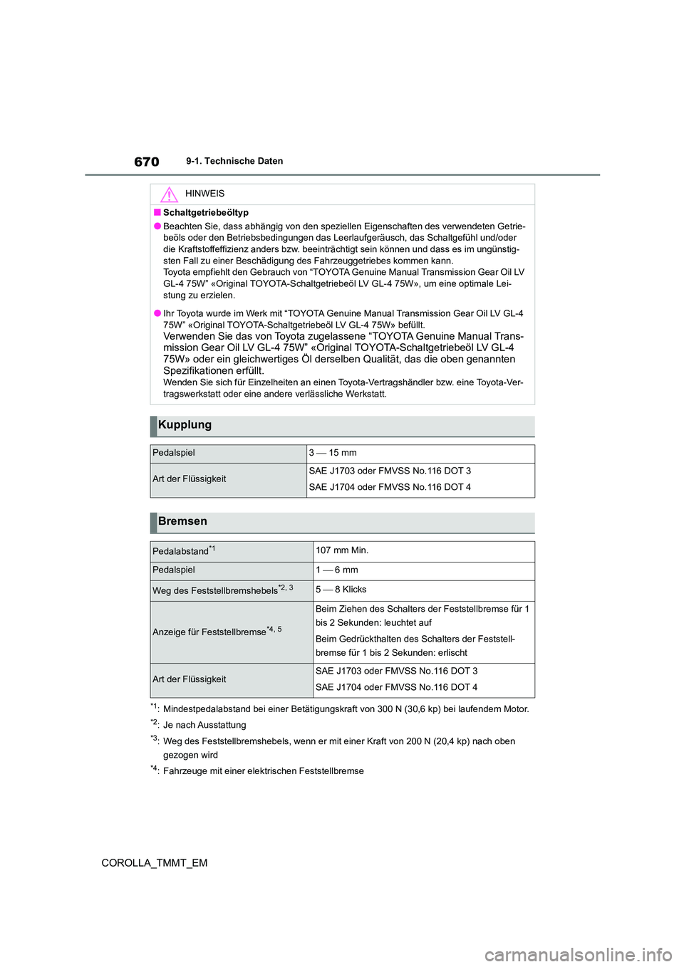TOYOTA COROLLA 2021 Betriebsanleitungen (in German) 6709-1. Technische Daten
COROLLA_TMMT_EM
*1: Mindestpedalabstand bei einer Betätigungskraft von 300 N (30,6 kp) bei laufendem Motor.
*2: Je nach Ausstattung
*3: Weg des Feststellbremshebels, wenn er TOYOTA COROLLA 2021 Betriebsanleitungen (in German) 6709-1. Technische Daten
COROLLA_TMMT_EM
*1: Mindestpedalabstand bei einer Betätigungskraft von 300 N (30,6 kp) bei laufendem Motor.
*2: Je nach Ausstattung
*3: Weg des Feststellbremshebels, wenn er