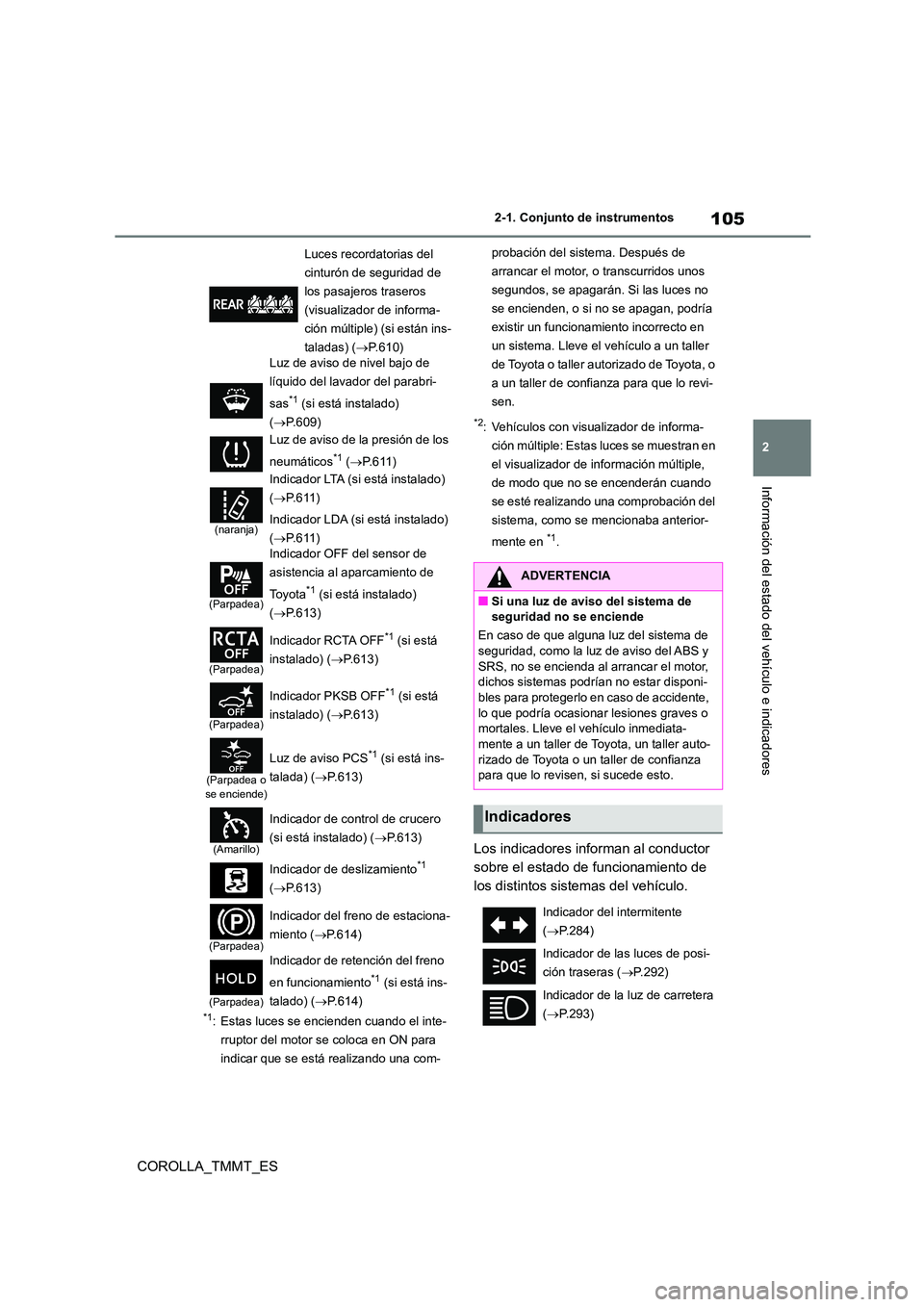 TOYOTA COROLLA 2020 Manual del propietario (in Spanish) 105
2
2-1. Conjunto de instrumentos
Información del estado del vehículo e indicadores
COROLLA_TMMT_ES
*1: Estas luces se encienden cuando el inte-
rruptor del motor se coloca en ON para
indicar q TOYOTA COROLLA 2020 Manual del propietario (in Spanish) 105
2
2-1. Conjunto de instrumentos
Información del estado del vehículo e indicadores
COROLLA_TMMT_ES
*1: Estas luces se encienden cuando el inte-
rruptor del motor se coloca en ON para
indicar q