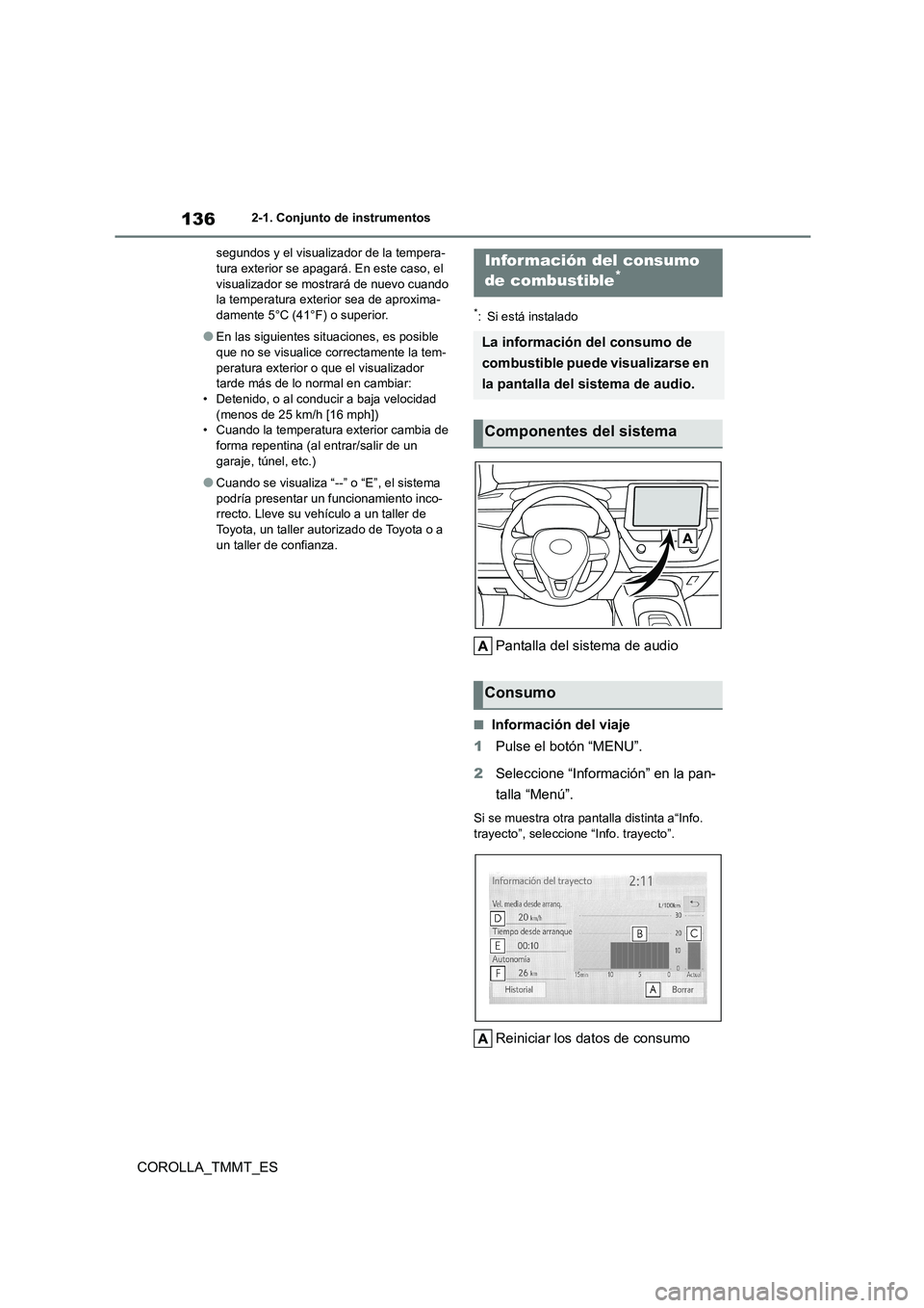 TOYOTA COROLLA 2020 Manual del propietario (in Spanish) 1362-1. Conjunto de instrumentos
COROLLA_TMMT_ES
segundos y el visualizador de la tempera- tura exterior se apagará. En este caso, el
visualizador se mostrará de nuevo cuando
la temperatura exter TOYOTA COROLLA 2020 Manual del propietario (in Spanish) 1362-1. Conjunto de instrumentos
COROLLA_TMMT_ES
segundos y el visualizador de la tempera- tura exterior se apagará. En este caso, el
visualizador se mostrará de nuevo cuando
la temperatura exter