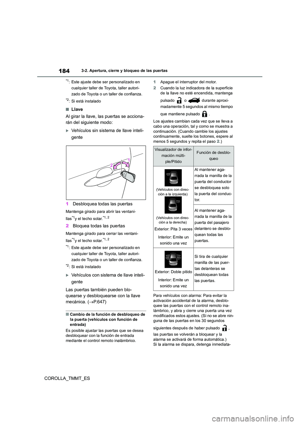 TOYOTA COROLLA 2020  Manual del propietario (in Spanish) 1843-2. Apertura, cierre y bloqueo de las puertas
COROLLA_TMMT_ES
*1: Este ajuste debe ser personalizado en  
cualquier taller de Toyota, taller autori-
zado de Toyota o un taller de confianza.
*2: Si