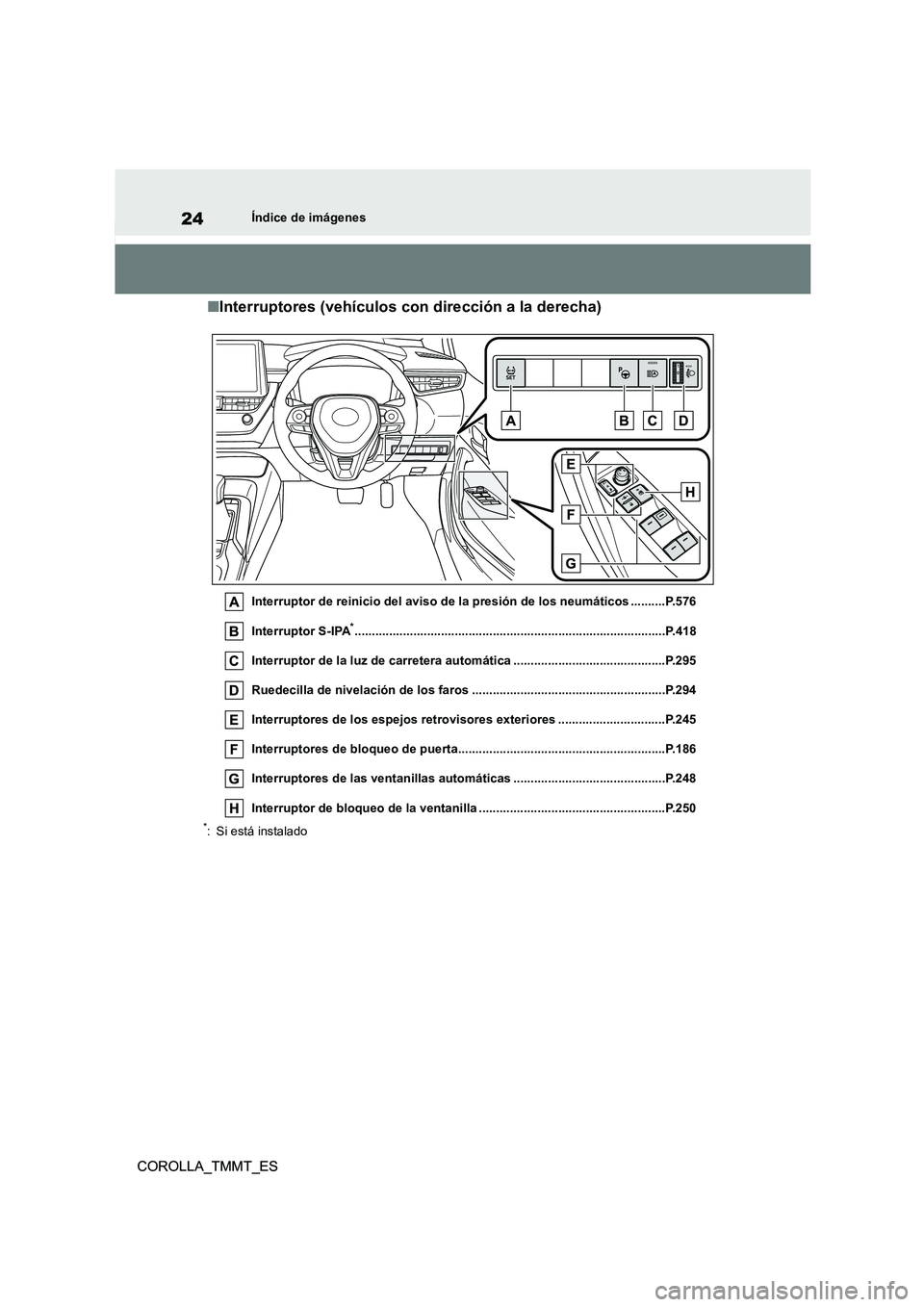 TOYOTA COROLLA 2021 Manual del propietario (in Spanish) 24
COROLLA_TMMT_ES
Índice de imágenes
COROLLA_TMMT_ES
■Interruptores (vehículos con dirección a la derecha)
Interruptor de reinicio del aviso de la presión de los neumáticos ..........P.576
I TOYOTA COROLLA 2021 Manual del propietario (in Spanish) 24
COROLLA_TMMT_ES
Índice de imágenes
COROLLA_TMMT_ES
■Interruptores (vehículos con dirección a la derecha)
Interruptor de reinicio del aviso de la presión de los neumáticos ..........P.576
I