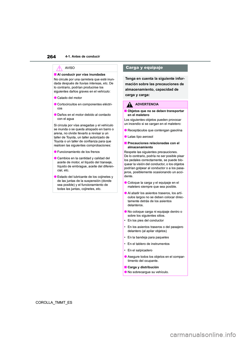 TOYOTA COROLLA 2021  Manual del propietario (in Spanish) 2644-1. Antes de conducir
COROLLA_TMMT_ES
AV I S O
■Al conducir por vías inundadas 
No circule por una carretera que esté inun- 
dada después de lluvias intensas, etc. De 
lo contrario, podrían 