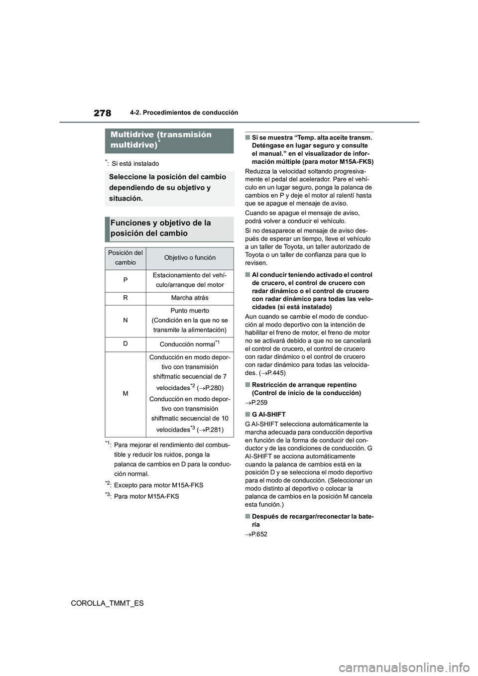 TOYOTA COROLLA 2021 Manual del propietario (in Spanish) 2784-2. Procedimientos de conducción
COROLLA_TMMT_ES
*: Si está instalado
*1: Para mejorar el rendimiento del combus-
tible y reducir los ruidos, ponga la
palanca de cambios en D para la conduc-
c TOYOTA COROLLA 2021 Manual del propietario (in Spanish) 2784-2. Procedimientos de conducción
COROLLA_TMMT_ES
*: Si está instalado
*1: Para mejorar el rendimiento del combus-
tible y reducir los ruidos, ponga la
palanca de cambios en D para la conduc-
c