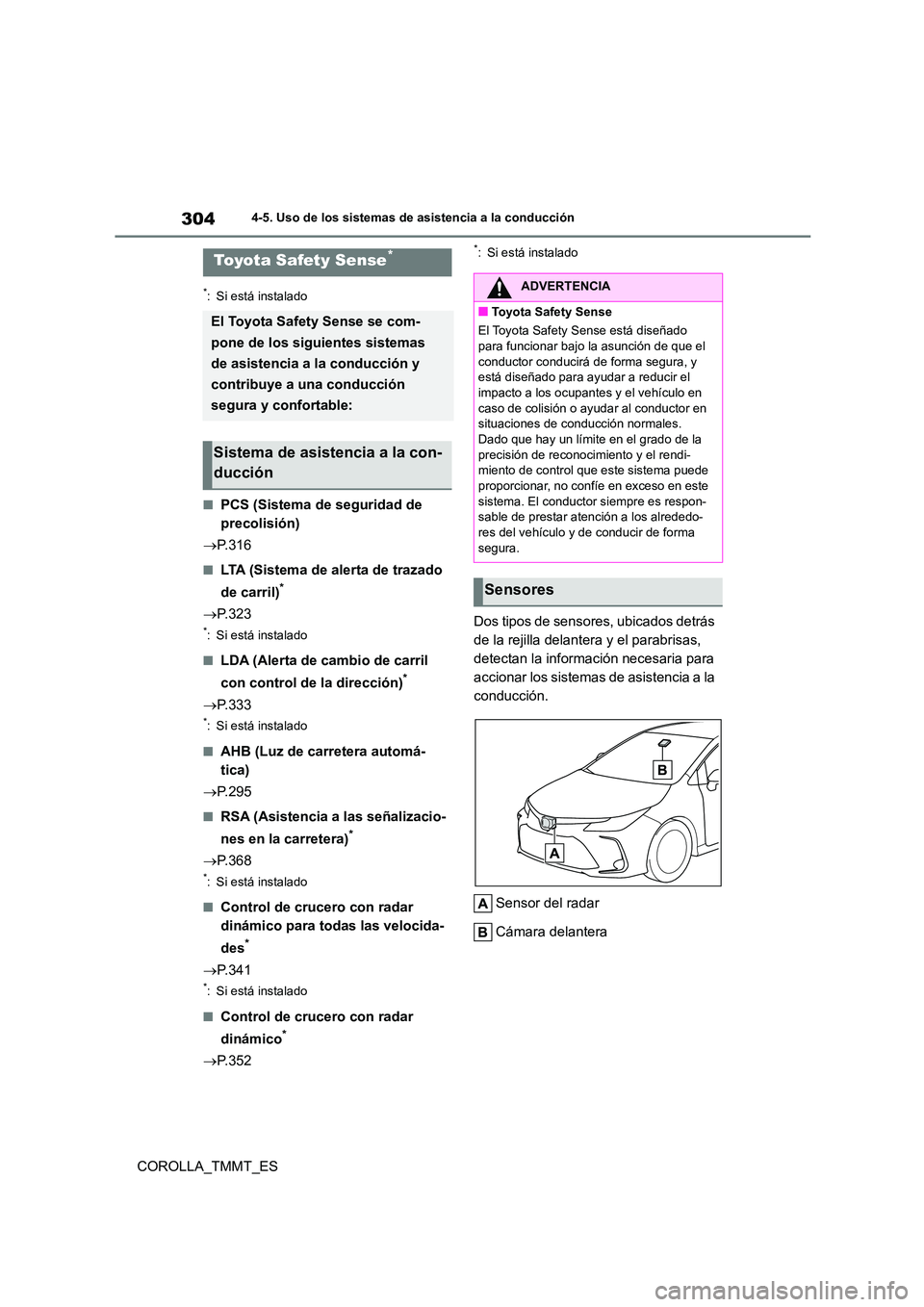 TOYOTA COROLLA 2021  Manual del propietario (in Spanish) 3044-5. Uso de los sistemas de asistencia a la conducción
COROLLA_TMMT_ES
4-5.Uso de los sistemas de asistencia a la conducción
*: Si está instalado
■PCS (Sistema de seguridad de  
precolisión) 