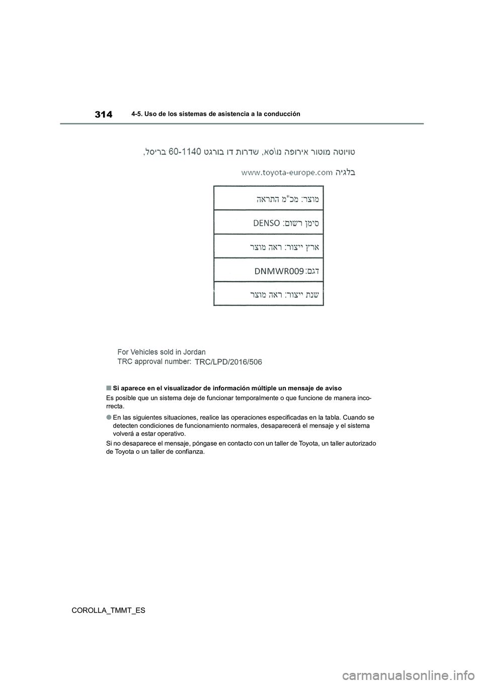 TOYOTA COROLLA 2021  Manual del propietario (in Spanish) 3144-5. Uso de los sistemas de asistencia a la conducción
COROLLA_TMMT_ES
■Si aparece en el visualizador de información múltiple un mensaje de aviso 
Es posible que un sistema deje  de funcionar 