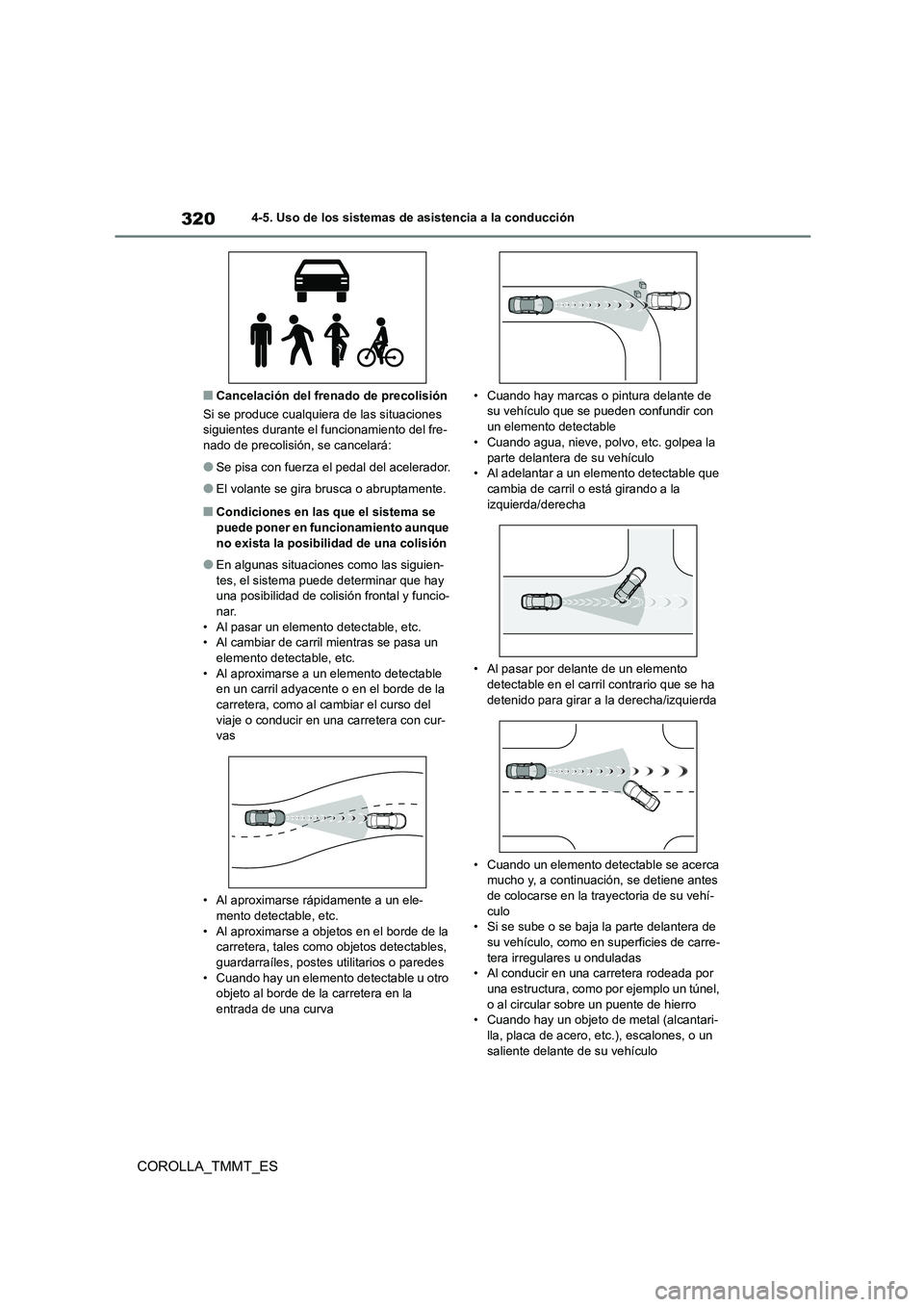 TOYOTA COROLLA 2020 Manual del propietario (in Spanish) 3204-5. Uso de los sistemas de asistencia a la conducción
COROLLA_TMMT_ES
■Cancelación del frenado de precolisión
Si se produce cualquiera de las situaciones siguientes durante el funcionamient TOYOTA COROLLA 2020 Manual del propietario (in Spanish) 3204-5. Uso de los sistemas de asistencia a la conducción
COROLLA_TMMT_ES
■Cancelación del frenado de precolisión
Si se produce cualquiera de las situaciones siguientes durante el funcionamient