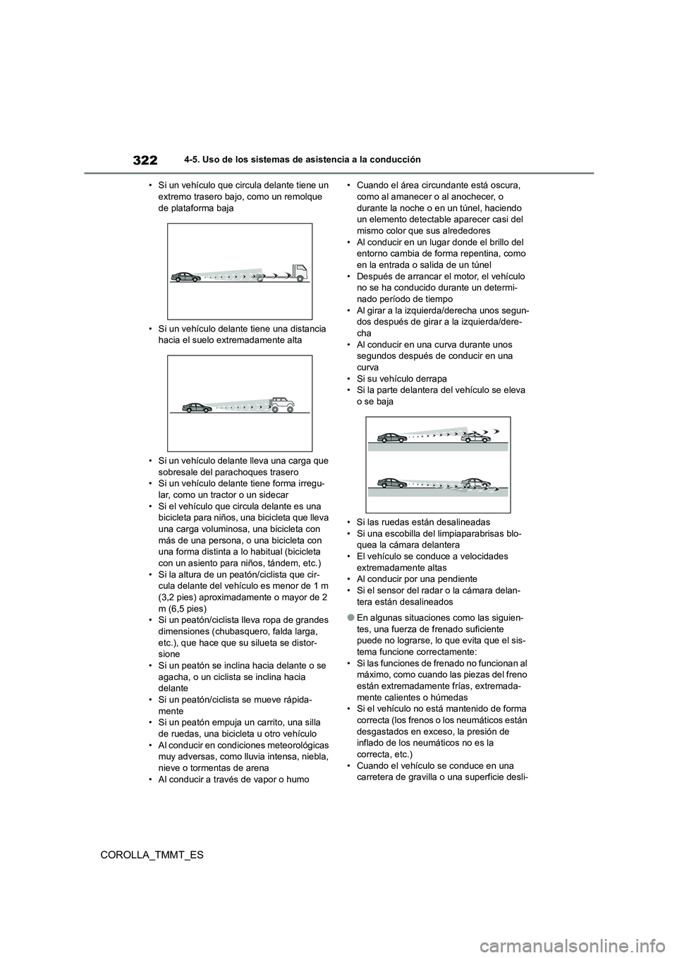 TOYOTA COROLLA 2020 Manual del propietario (in Spanish) 3224-5. Uso de los sistemas de asistencia a la conducción
COROLLA_TMMT_ES
• Si un vehículo que circula delante tiene un extremo trasero bajo, como un remolque
de plataforma baja
• Si un veh TOYOTA COROLLA 2020 Manual del propietario (in Spanish) 3224-5. Uso de los sistemas de asistencia a la conducción
COROLLA_TMMT_ES
• Si un vehículo que circula delante tiene un extremo trasero bajo, como un remolque
de plataforma baja
• Si un veh
