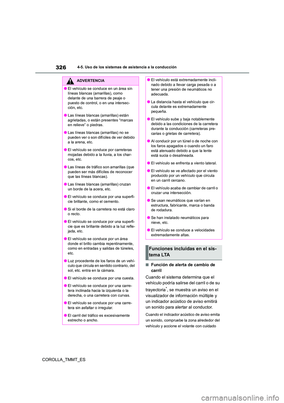 TOYOTA COROLLA 2020 Manual del propietario (in Spanish) 3264-5. Uso de los sistemas de asistencia a la conducción
COROLLA_TMMT_ES
■Función de alerta de cambio de
carril
Cuando el sistema determina que el
vehículo podría salirs e del carril o de TOYOTA COROLLA 2020 Manual del propietario (in Spanish) 3264-5. Uso de los sistemas de asistencia a la conducción
COROLLA_TMMT_ES
■Función de alerta de cambio de
carril
Cuando el sistema determina que el
vehículo podría salirs e del carril o de