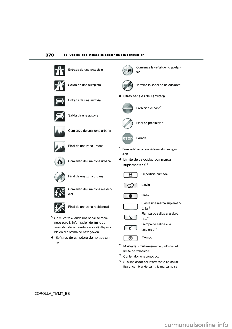 TOYOTA COROLLA 2020 Manual del propietario (in Spanish) 3704-5. Uso de los sistemas de asistencia a la conducción
COROLLA_TMMT_ES
*: Se muestra cuando una señal se reco-
noce pero la información de límite de
velocidad de la carretera no está disponi TOYOTA COROLLA 2020 Manual del propietario (in Spanish) 3704-5. Uso de los sistemas de asistencia a la conducción
COROLLA_TMMT_ES
*: Se muestra cuando una señal se reco-
noce pero la información de límite de
velocidad de la carretera no está disponi