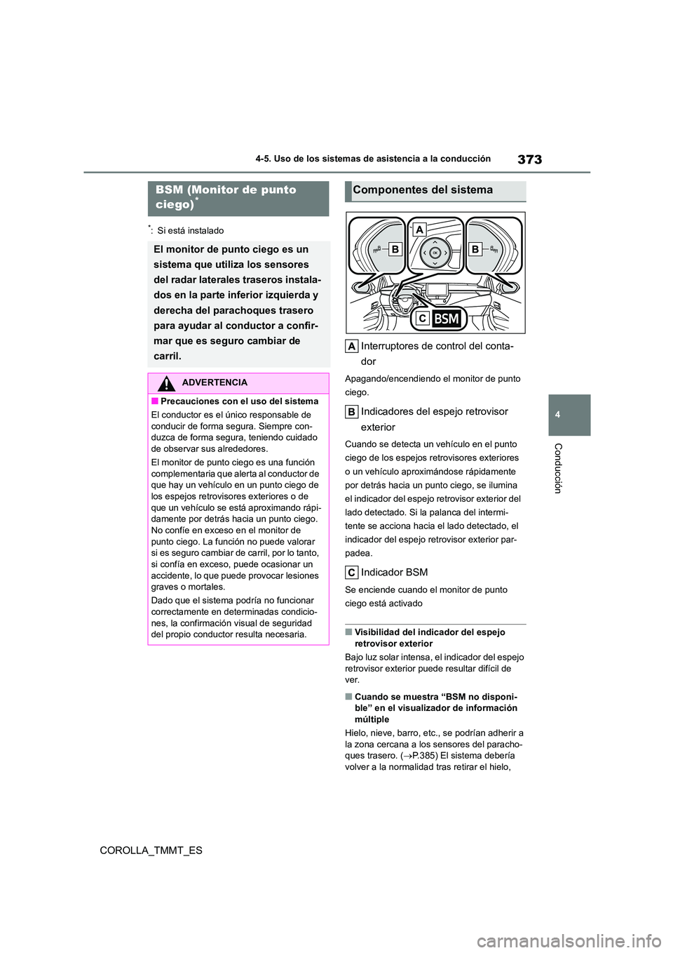 TOYOTA COROLLA 2020 Manual del propietario (in Spanish) 373
4
4-5. Uso de los sistemas de asistencia a la conducción
Conducción
COROLLA_TMMT_ES
*: Si está instalado
Interruptores de control del conta-
dor
Apagando/encendiendo el monitor de punto
cie TOYOTA COROLLA 2020 Manual del propietario (in Spanish) 373
4
4-5. Uso de los sistemas de asistencia a la conducción
Conducción
COROLLA_TMMT_ES
*: Si está instalado
Interruptores de control del conta-
dor
Apagando/encendiendo el monitor de punto
cie