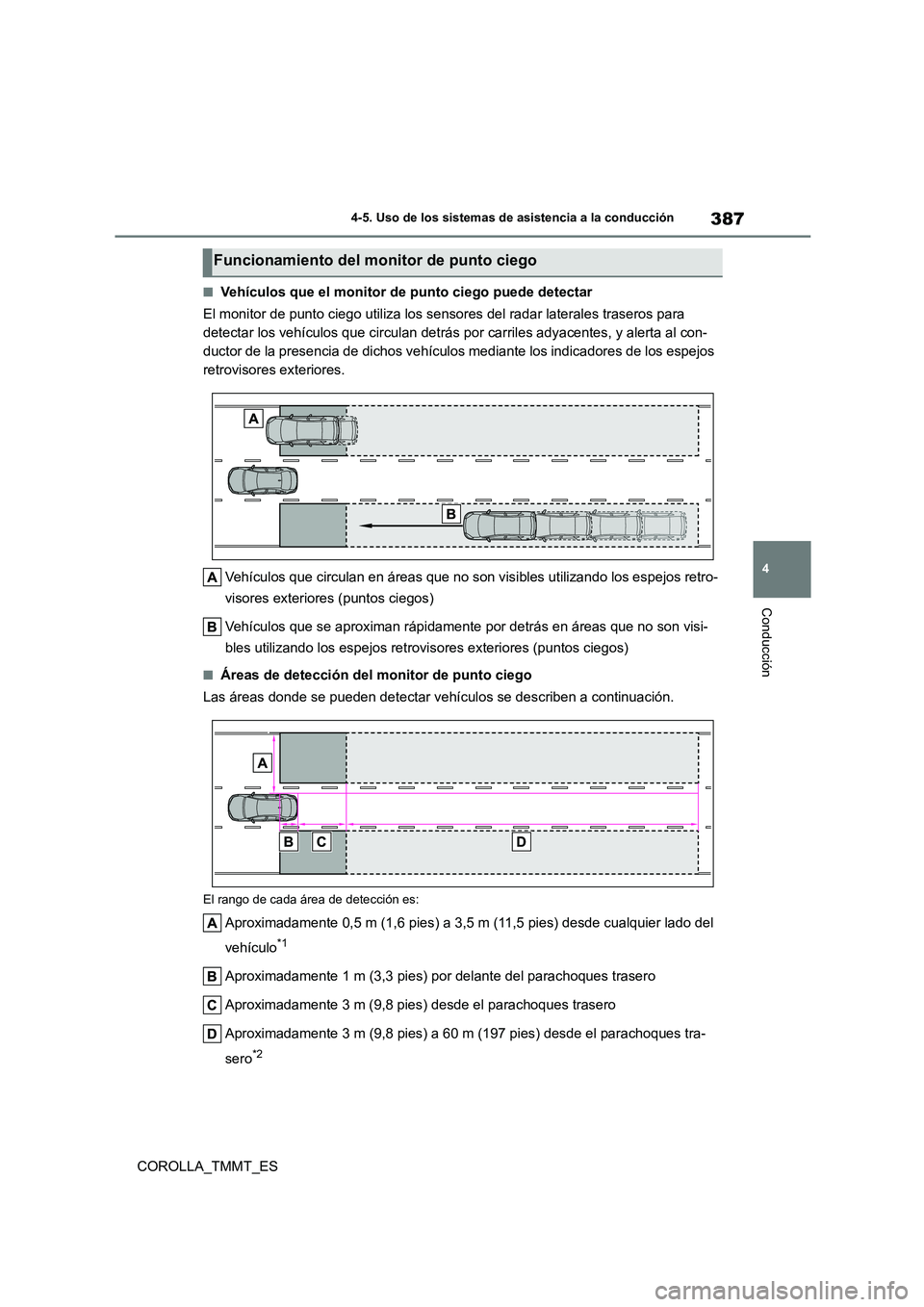 TOYOTA COROLLA 2021 Manual del propietario (in Spanish) 387
4
4-5. Uso de los sistemas de asistencia a la conducción
Conducción
COROLLA_TMMT_ES
■Vehículos que el monitor de punto ciego puede detectar
El monitor de punto ciego utiliza los sensores de TOYOTA COROLLA 2021 Manual del propietario (in Spanish) 387
4
4-5. Uso de los sistemas de asistencia a la conducción
Conducción
COROLLA_TMMT_ES
■Vehículos que el monitor de punto ciego puede detectar
El monitor de punto ciego utiliza los sensores de