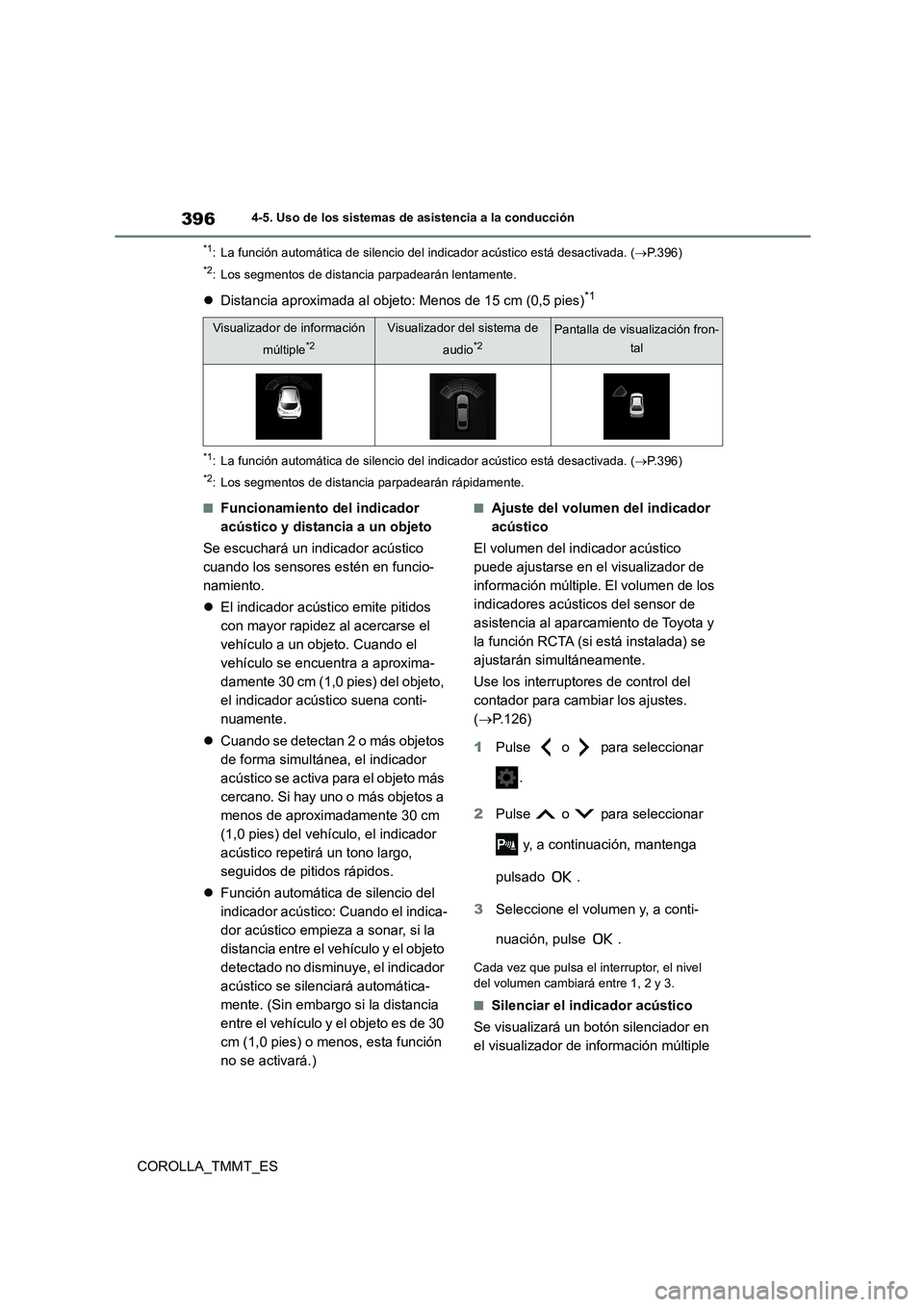 TOYOTA COROLLA 2020  Manual del propietario (in Spanish) 3964-5. Uso de los sistemas de asistencia a la conducción
COROLLA_TMMT_ES
*1: La función automática de silencio del indicador acústico está desactivada. (P.396)
*2: Los segmentos de distancia 