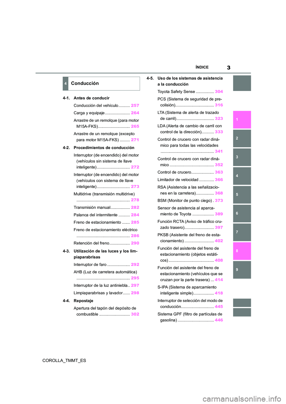 TOYOTA COROLLA 2020  Manual del propietario (in Spanish) 3ÍNDICE
1 
6 
5
4
3
2
COROLLA_TMMT_ES
9
8
7
4-1. Antes de conducir 
Conducción del vehículo .......... 257 
Carga y equipaje ...................... 264 
Arrastre de un remolque (para motor  
M15A-F