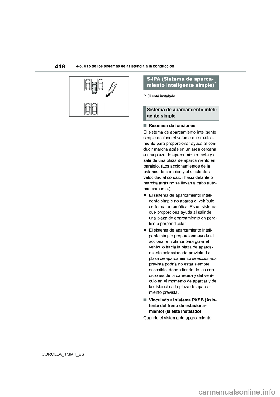 TOYOTA COROLLA 2021 Manual del propietario (in Spanish) 4184-5. Uso de los sistemas de asistencia a la conducción
COROLLA_TMMT_ES
*: Si está instalado
■Resumen de funciones
El sistema de aparcamiento inteligente
simple acciona el volante automátic TOYOTA COROLLA 2021 Manual del propietario (in Spanish) 4184-5. Uso de los sistemas de asistencia a la conducción
COROLLA_TMMT_ES
*: Si está instalado
■Resumen de funciones
El sistema de aparcamiento inteligente
simple acciona el volante automátic