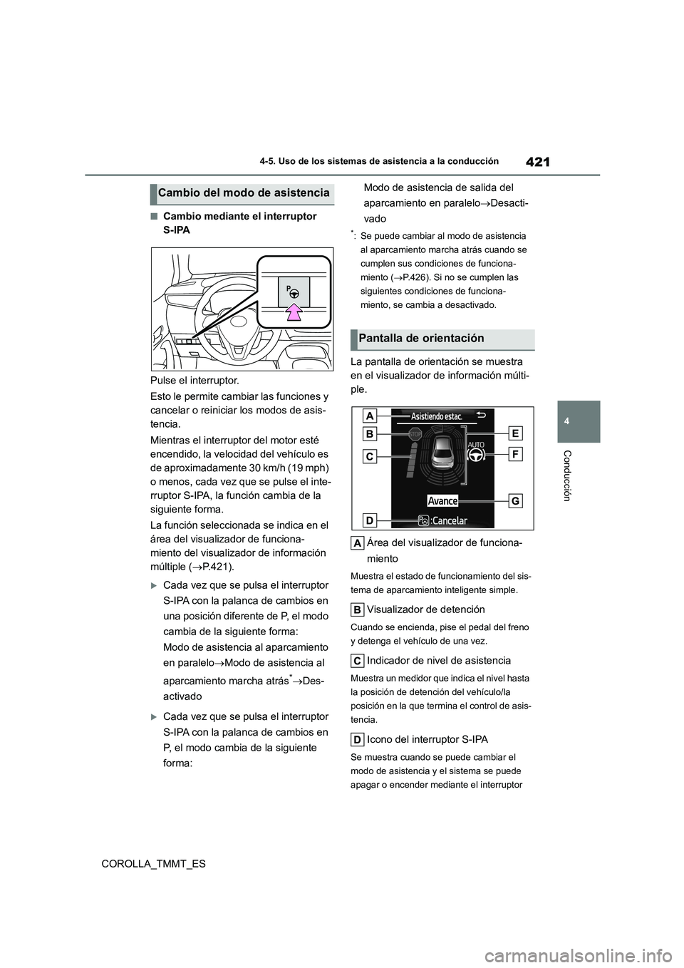 TOYOTA COROLLA 2021  Manual del propietario (in Spanish) 421
4 
4-5. Uso de los sistemas de asistencia a la conducción
Conducción
COROLLA_TMMT_ES
■Cambio mediante el interruptor  
S-IPA 
Pulse el interruptor. 
Esto le permite cambiar las funciones y  
c