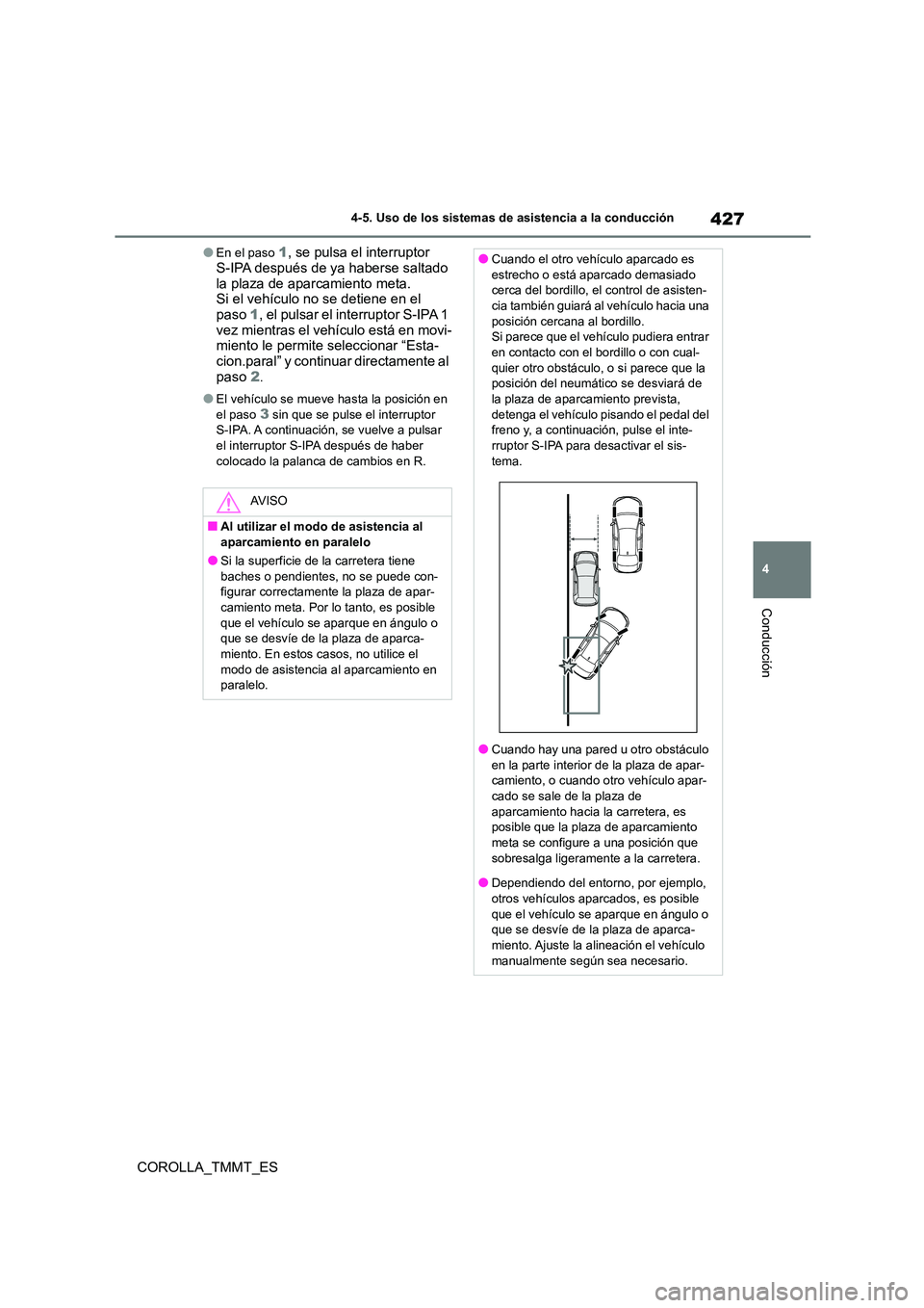 TOYOTA COROLLA 2021  Manual del propietario (in Spanish) 427
4 
4-5. Uso de los sistemas de asistencia a la conducción
Conducción
COROLLA_TMMT_ES
●En el paso 1 , se pulsa el interruptor  S-IPA después de ya haberse saltado  
la plaza de aparcamiento me