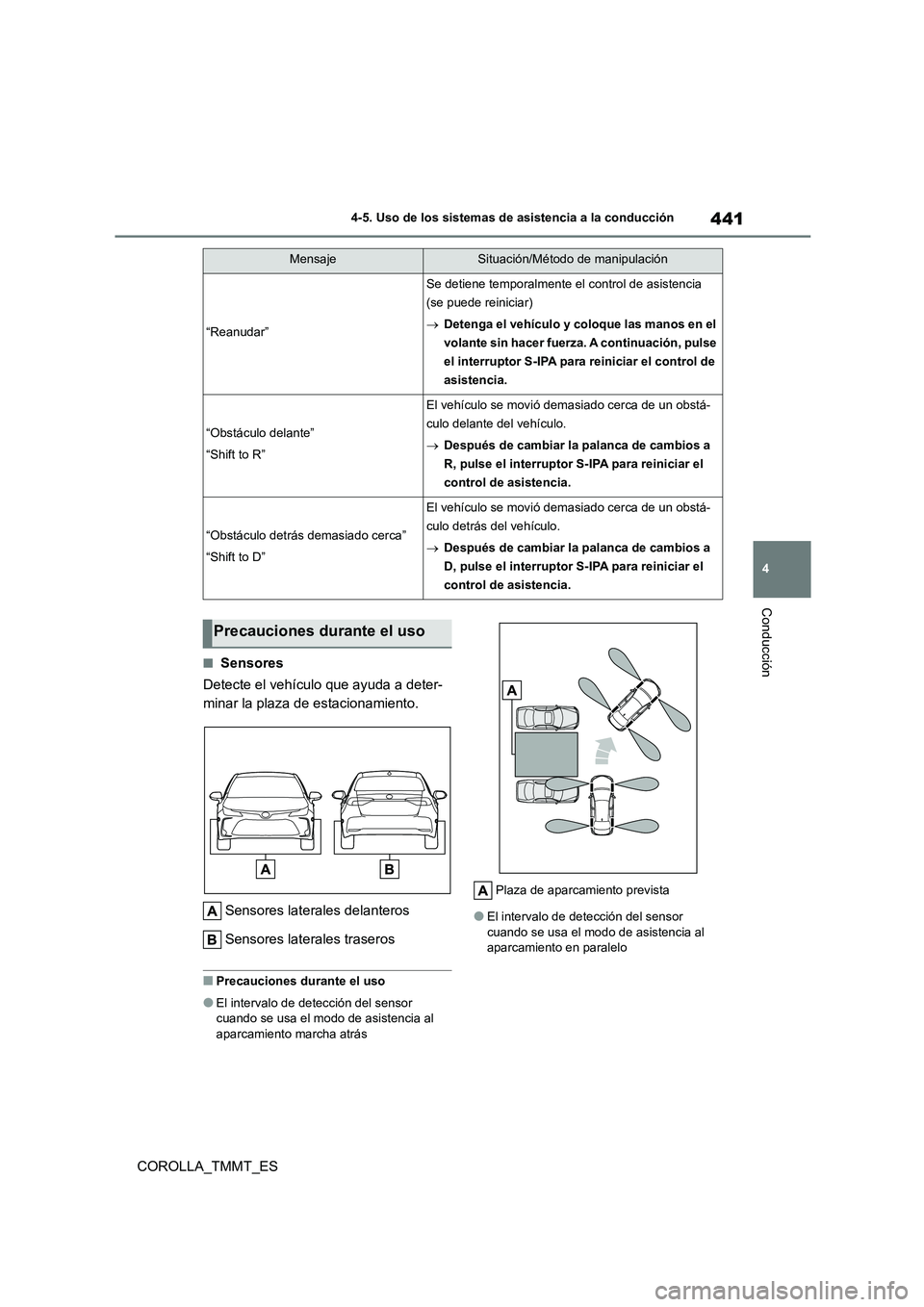 TOYOTA COROLLA 2021 Manual del propietario (in Spanish) 441
4
4-5. Uso de los sistemas de asistencia a la conducción
Conducción
COROLLA_TMMT_ES
■Sensores
Detecte el vehículo que ayuda a deter-
minar la plaza de estacionamiento.
Sensores laterales TOYOTA COROLLA 2021 Manual del propietario (in Spanish) 441
4
4-5. Uso de los sistemas de asistencia a la conducción
Conducción
COROLLA_TMMT_ES
■Sensores
Detecte el vehículo que ayuda a deter-
minar la plaza de estacionamiento.
Sensores laterales