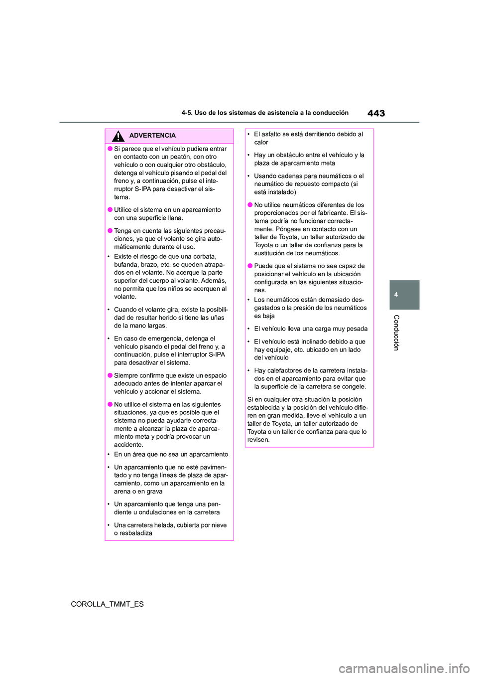 TOYOTA COROLLA 2021 Manual del propietario (in Spanish) 443
4
4-5. Uso de los sistemas de asistencia a la conducción
Conducción
COROLLA_TMMT_ES
ADVERTENCIA
●Si parece que el vehículo pudiera entrar
en contacto con un peatón, con otro
vehículo o TOYOTA COROLLA 2021 Manual del propietario (in Spanish) 443
4
4-5. Uso de los sistemas de asistencia a la conducción
Conducción
COROLLA_TMMT_ES
ADVERTENCIA
●Si parece que el vehículo pudiera entrar
en contacto con un peatón, con otro
vehículo o