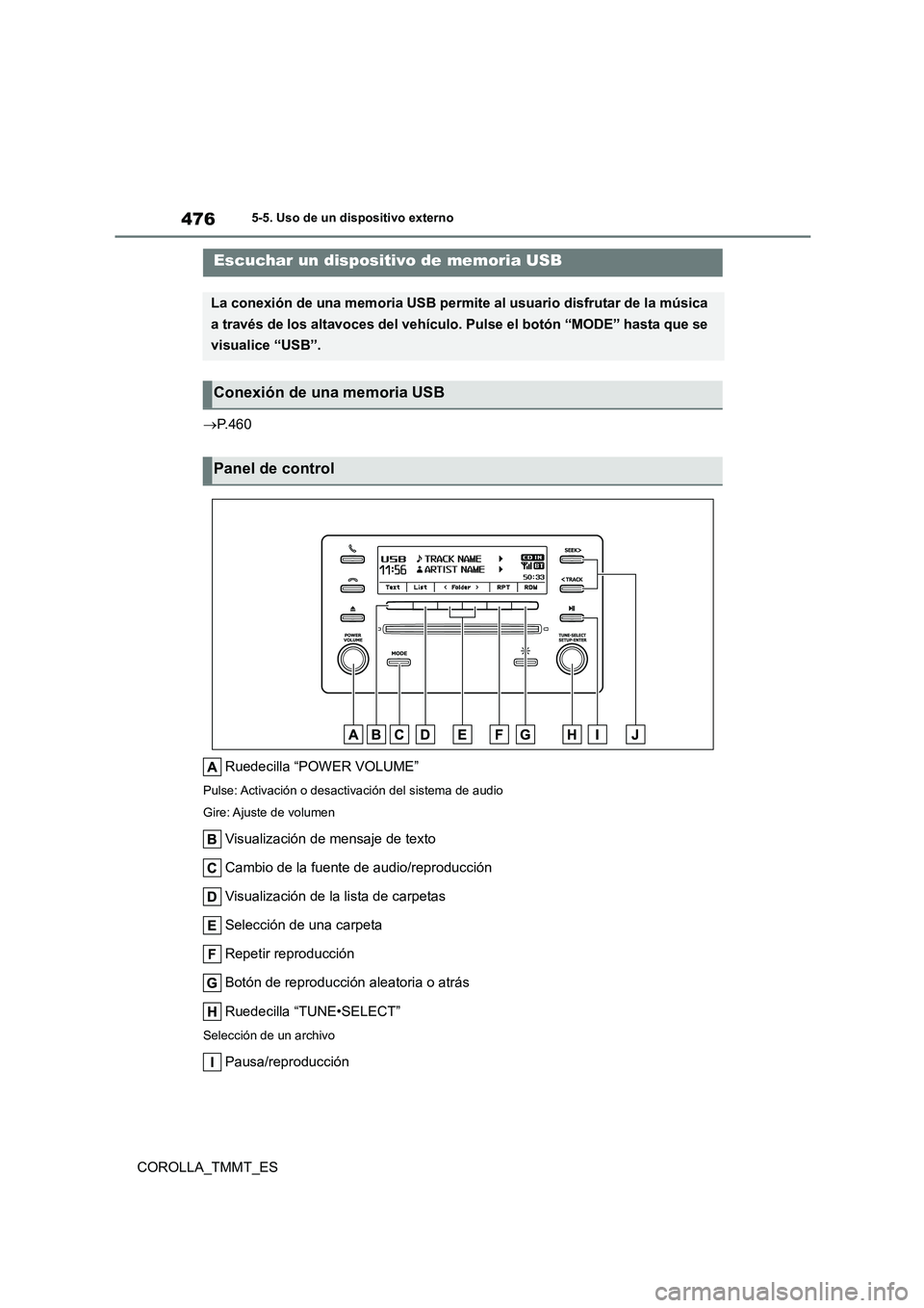 TOYOTA COROLLA 2021  Manual del propietario (in Spanish) 4765-5. Uso de un dispositivo externo
COROLLA_TMMT_ES 
 P.460 
Ruedecilla “POWER VOLUME”
Pulse: Activación o desactivación del sistema de audio 
Gire: Ajuste de volumen
Visualización de mens