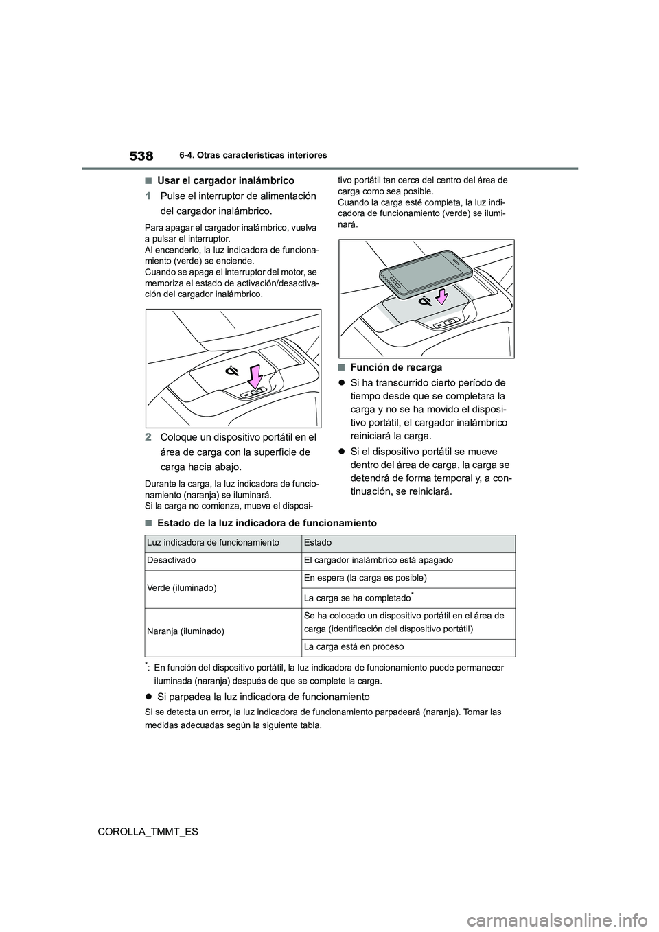TOYOTA COROLLA 2021 Manual del propietario (in Spanish) 5386-4. Otras características interiores
COROLLA_TMMT_ES
■Usar el cargador inalámbrico
1 Pulse el interruptor de alimentación
del cargador inalámbrico.
Para apagar el cargador inalámbrico, v TOYOTA COROLLA 2021 Manual del propietario (in Spanish) 5386-4. Otras características interiores
COROLLA_TMMT_ES
■Usar el cargador inalámbrico
1 Pulse el interruptor de alimentación
del cargador inalámbrico.
Para apagar el cargador inalámbrico, v