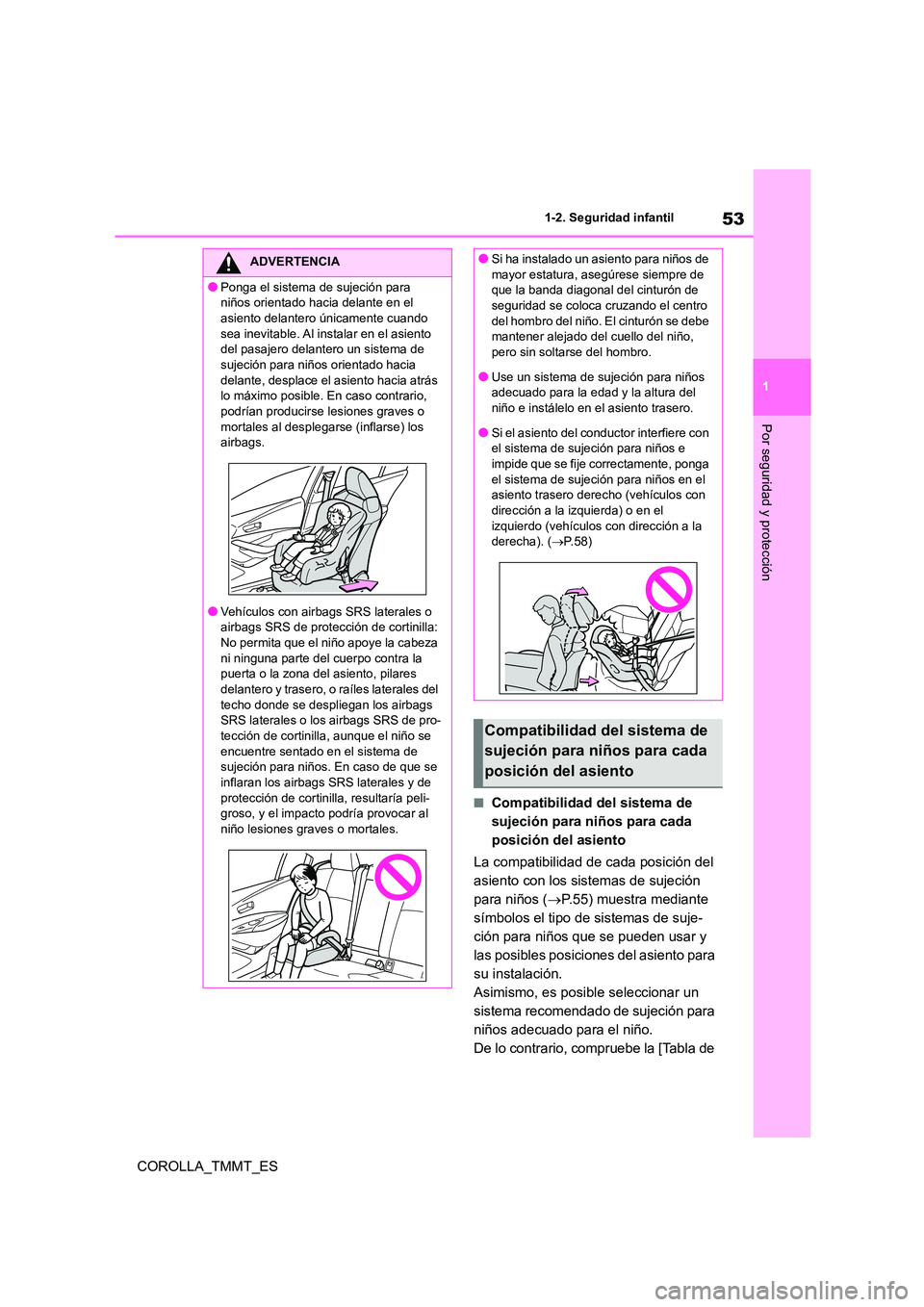 TOYOTA COROLLA 2020 Manual del propietario (in Spanish) 53
1
1-2. Seguridad infantil
Por seguridad y protección
COROLLA_TMMT_ES
■Compatibilidad del sistema de
sujeción para niños para cada
posición del asiento
La compatibilidad de cada posición TOYOTA COROLLA 2020 Manual del propietario (in Spanish) 53
1
1-2. Seguridad infantil
Por seguridad y protección
COROLLA_TMMT_ES
■Compatibilidad del sistema de
sujeción para niños para cada
posición del asiento
La compatibilidad de cada posición