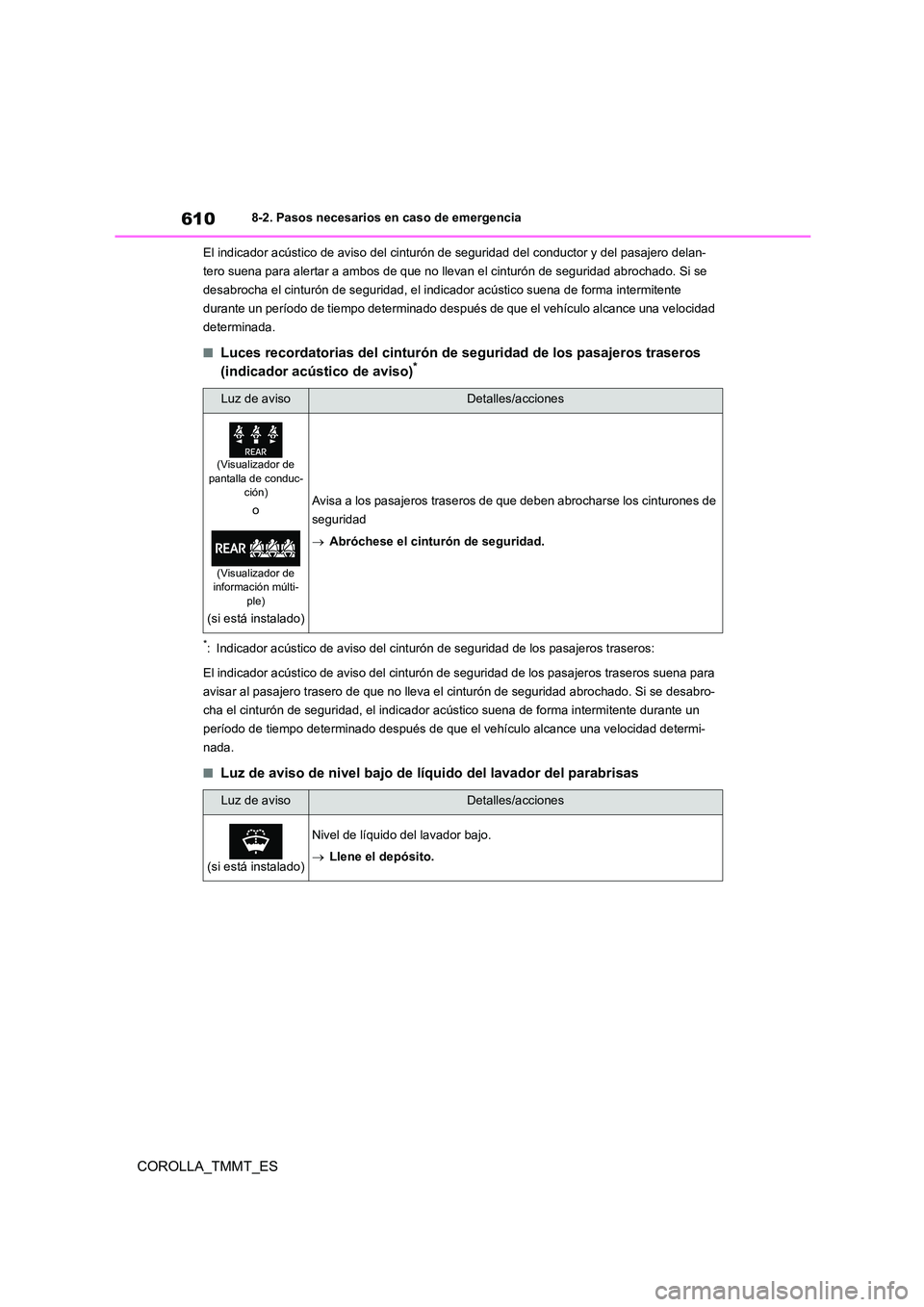 TOYOTA COROLLA 2021 Manual del propietario (in Spanish) 6108-2. Pasos necesarios en caso de emergencia
COROLLA_TMMT_ES
El indicador acústico de aviso del cinturón de seguridad del conductor y del pasajero delan-
tero suena para alertar a ambos de que no TOYOTA COROLLA 2021 Manual del propietario (in Spanish) 6108-2. Pasos necesarios en caso de emergencia
COROLLA_TMMT_ES
El indicador acústico de aviso del cinturón de seguridad del conductor y del pasajero delan-
tero suena para alertar a ambos de que no
