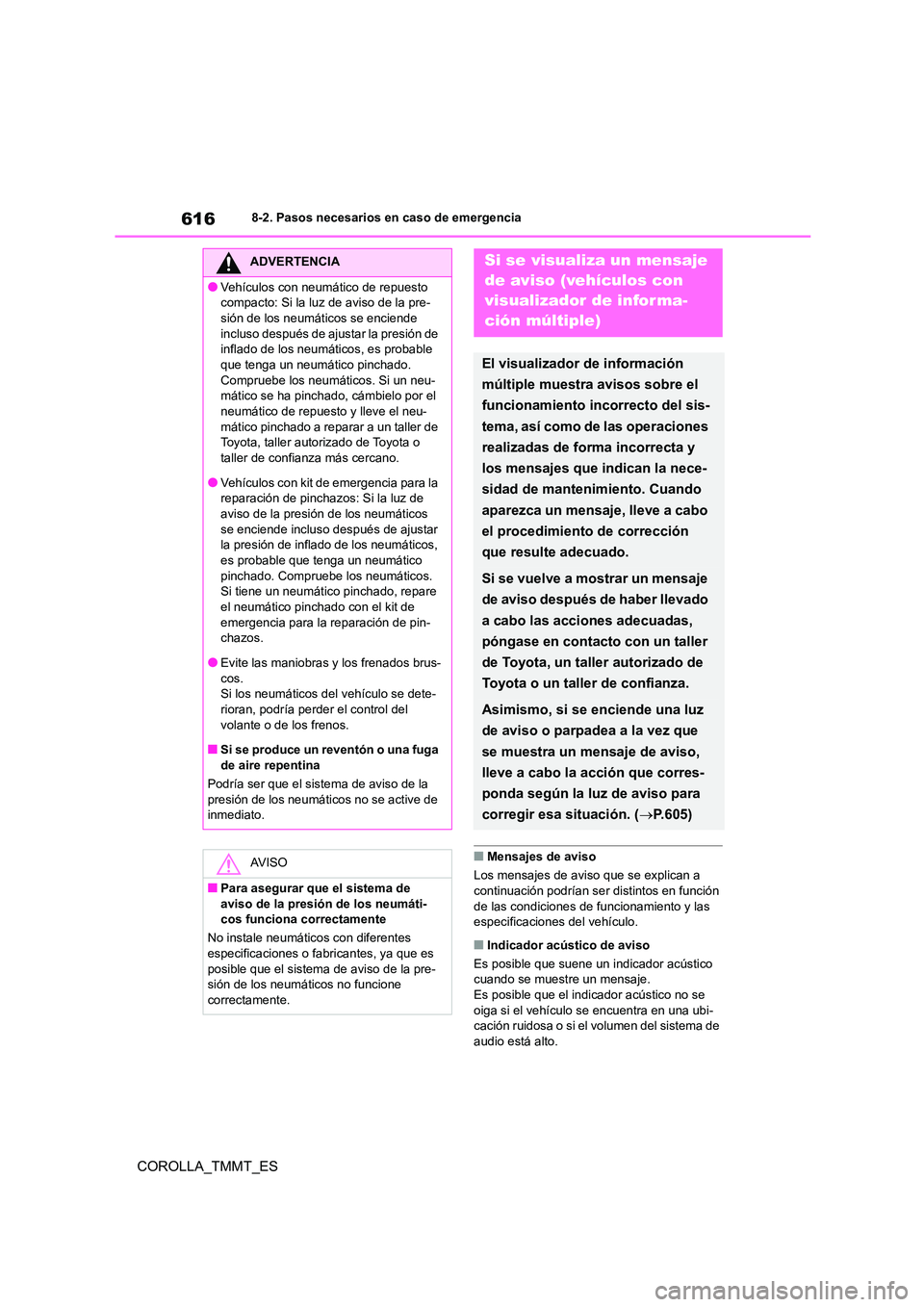TOYOTA COROLLA 2021 Manual del propietario (in Spanish) 6168-2. Pasos necesarios en caso de emergencia
COROLLA_TMMT_ES
■Mensajes de aviso
Los mensajes de aviso que se explican a
continuación podrían ser distintos en función
de las condiciones de f TOYOTA COROLLA 2021 Manual del propietario (in Spanish) 6168-2. Pasos necesarios en caso de emergencia
COROLLA_TMMT_ES
■Mensajes de aviso
Los mensajes de aviso que se explican a
continuación podrían ser distintos en función
de las condiciones de f