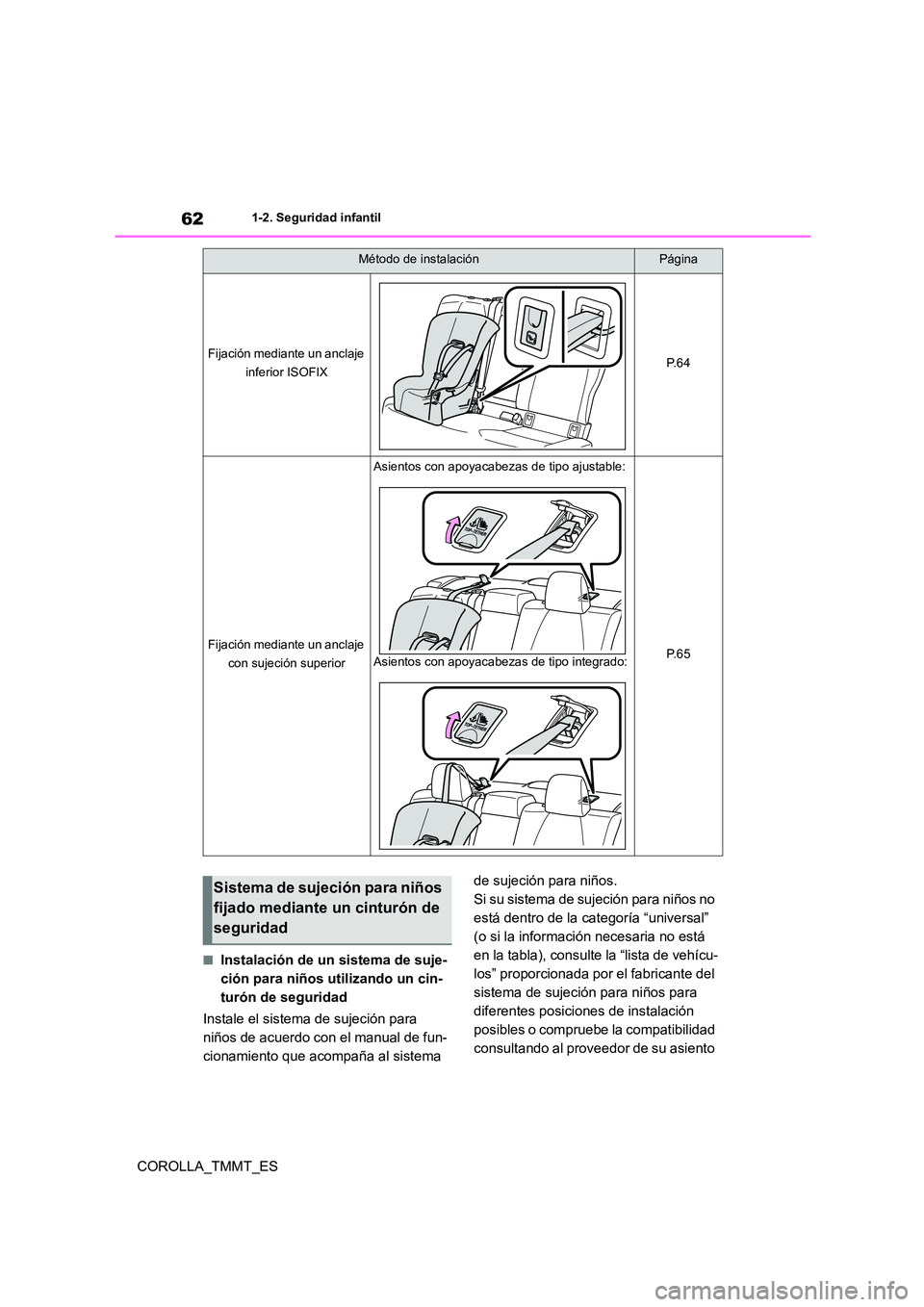 TOYOTA COROLLA 2020 Manual del propietario (in Spanish) 621-2. Seguridad infantil
COROLLA_TMMT_ES
■Instalación de un sistema de suje-
ción para niños utilizando un cin-
turón de seguridad
Instale el sistema de sujeción para
niños de acuerdo con TOYOTA COROLLA 2020 Manual del propietario (in Spanish) 621-2. Seguridad infantil
COROLLA_TMMT_ES
■Instalación de un sistema de suje-
ción para niños utilizando un cin-
turón de seguridad
Instale el sistema de sujeción para
niños de acuerdo con