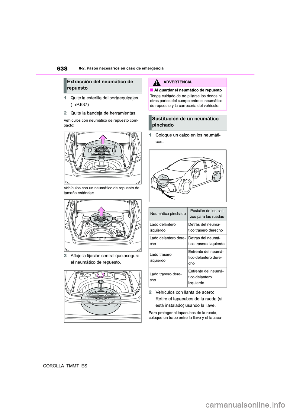 TOYOTA COROLLA 2021  Manual del propietario (in Spanish) 6388-2. Pasos necesarios en caso de emergencia
COROLLA_TMMT_ES 
1 Quite la esterilla del portaequipajes.  
( P.637) 
2 Quite la bandeja de herramientas.
Vehículos con neumático de repuesto com- 
