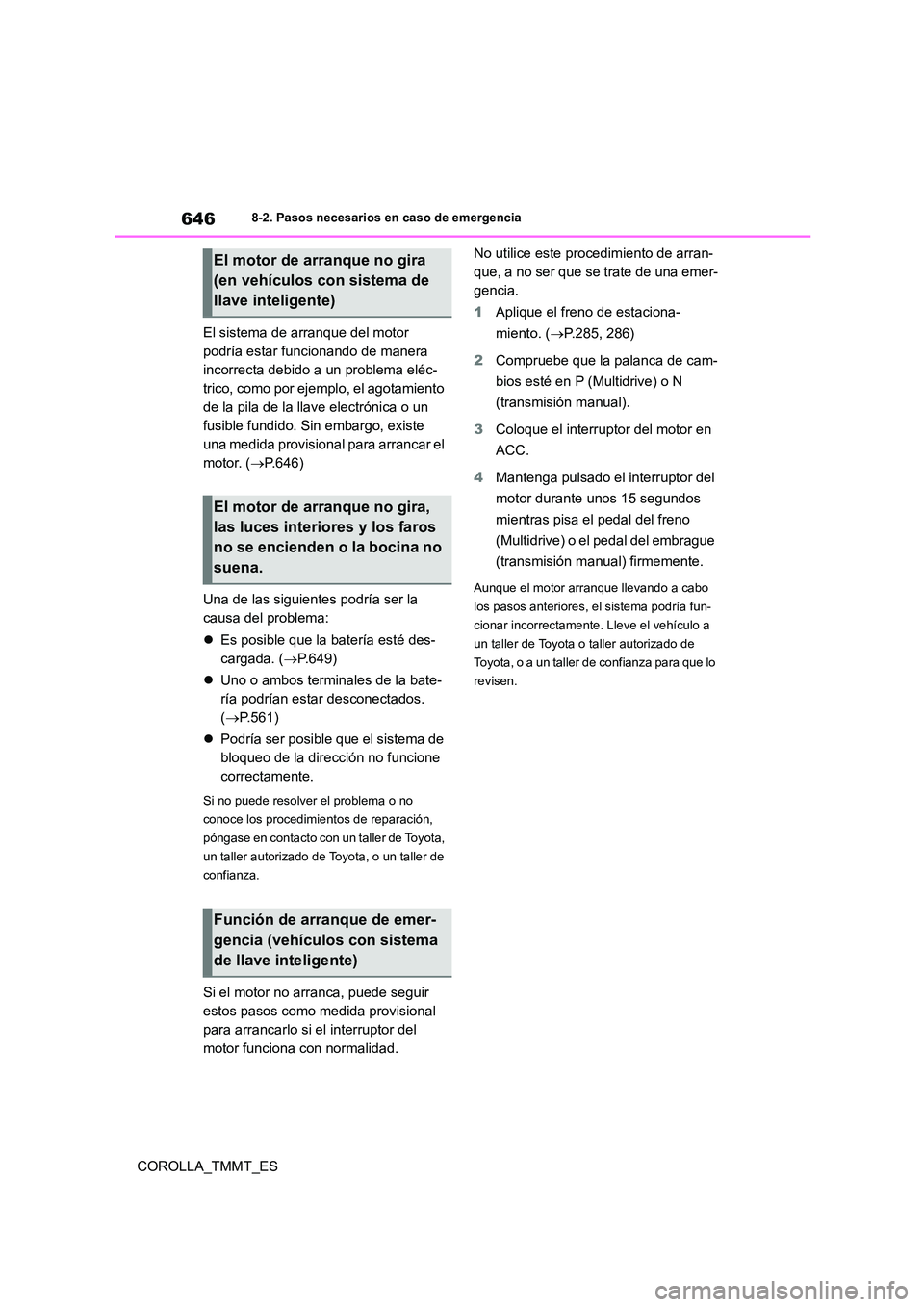 TOYOTA COROLLA 2021 Manual del propietario (in Spanish) 6468-2. Pasos necesarios en caso de emergencia
COROLLA_TMMT_ES
El sistema de arranque del motor
podría estar funcionando de manera
incorrecta debido a un problema eléc-
trico, como por ejemplo, TOYOTA COROLLA 2021 Manual del propietario (in Spanish) 6468-2. Pasos necesarios en caso de emergencia
COROLLA_TMMT_ES
El sistema de arranque del motor
podría estar funcionando de manera
incorrecta debido a un problema eléc-
trico, como por ejemplo,