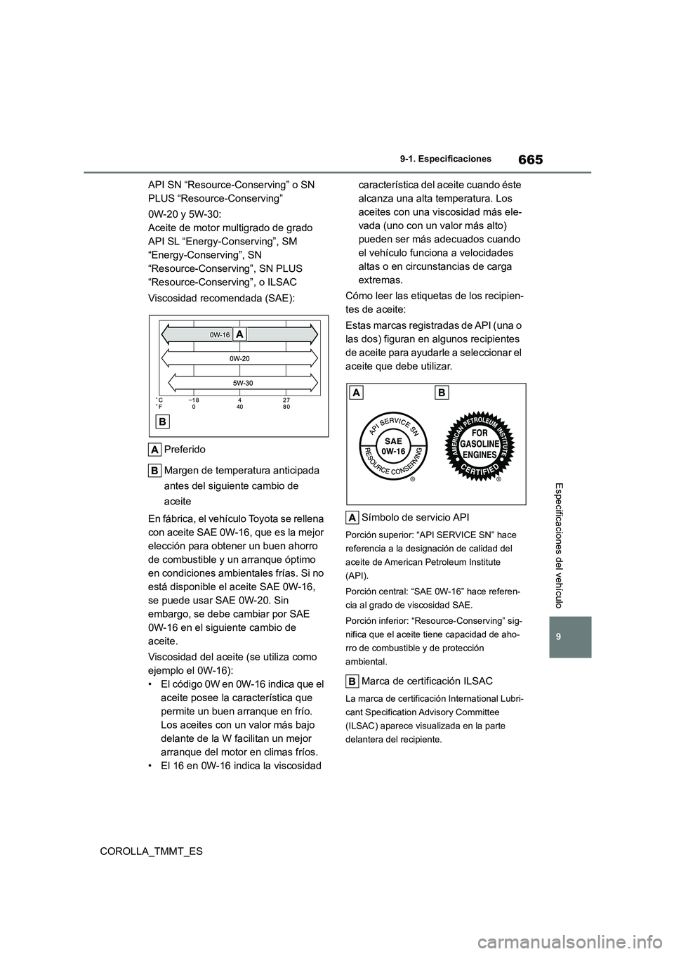 TOYOTA COROLLA 2020 Manual del propietario (in Spanish) 665
9
9-1. Especificaciones
Especificaciones del vehículo
COROLLA_TMMT_ES
API SN “Resource-Conserving” o SN
PLUS “Resource-Conserving”
0W-20 y 5W-30:
Aceite de motor multigrado de grado TOYOTA COROLLA 2020 Manual del propietario (in Spanish) 665
9
9-1. Especificaciones
Especificaciones del vehículo
COROLLA_TMMT_ES
API SN “Resource-Conserving” o SN
PLUS “Resource-Conserving”
0W-20 y 5W-30:
Aceite de motor multigrado de grado