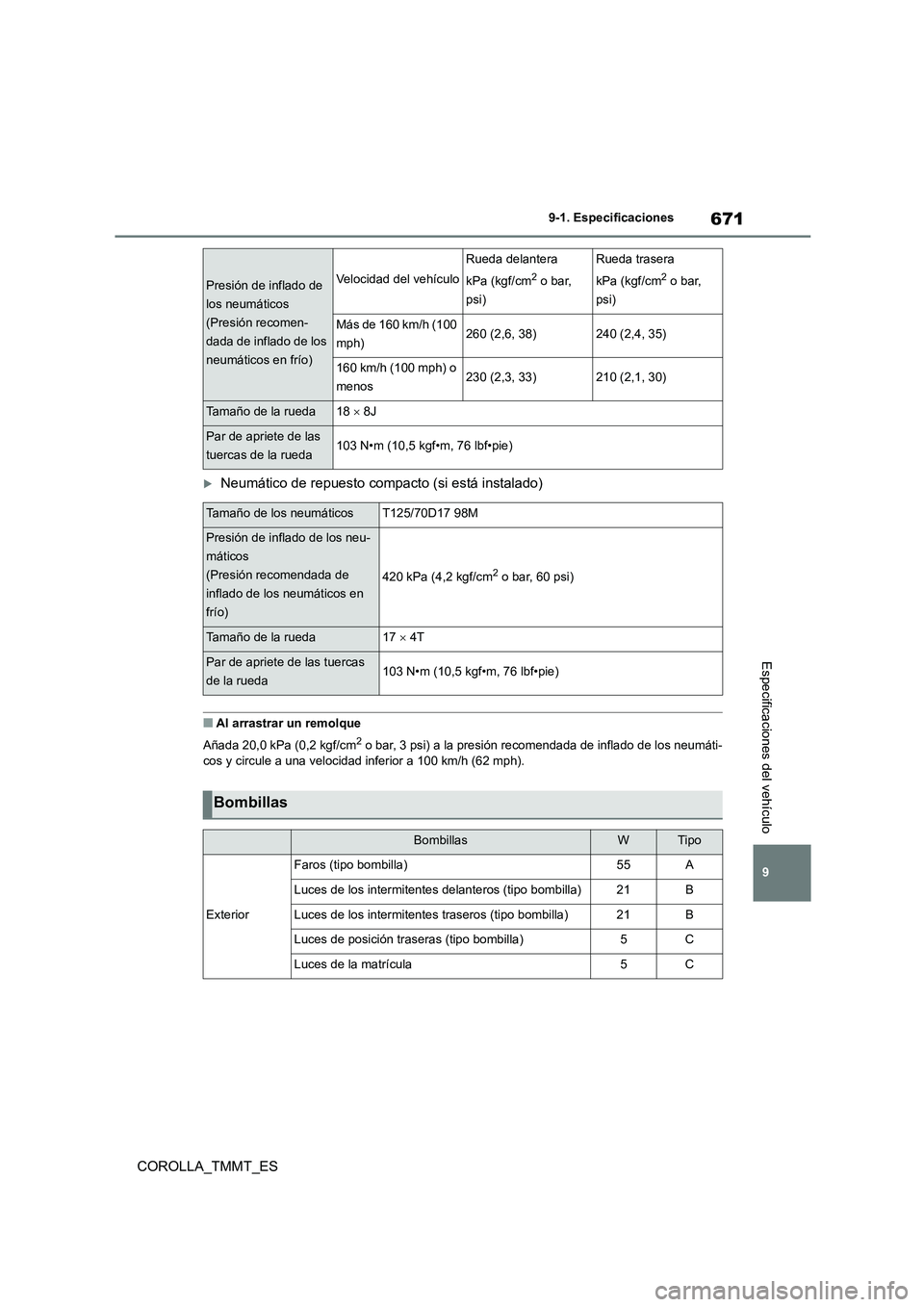 TOYOTA COROLLA 2020 Manual del propietario (in Spanish) 671
9
9-1. Especificaciones
Especificaciones del vehículo
COROLLA_TMMT_ES
Neumático de repuesto compacto (si está instalado)
■Al arrastrar un remolque
Añada 20,0 kPa (0,2 kgf/cm2 o bar, 3 p TOYOTA COROLLA 2020 Manual del propietario (in Spanish) 671
9
9-1. Especificaciones
Especificaciones del vehículo
COROLLA_TMMT_ES
Neumático de repuesto compacto (si está instalado)
■Al arrastrar un remolque
Añada 20,0 kPa (0,2 kgf/cm2 o bar, 3 p