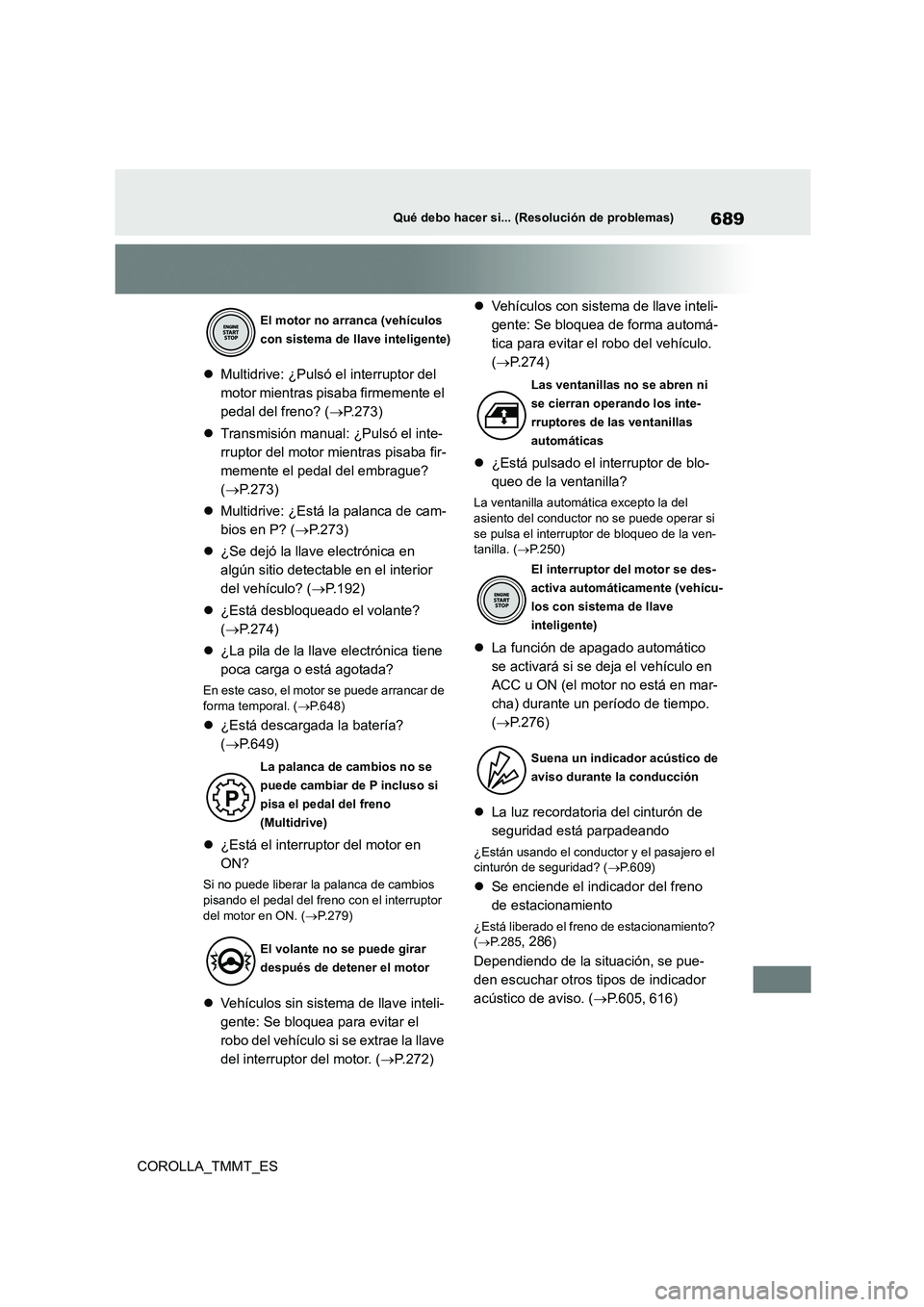 TOYOTA COROLLA 2020 Manual del propietario (in Spanish) 689Qué debo hacer si... (Resolución de problemas)
COROLLA_TMMT_ES
Multidrive: ¿Pulsó el interruptor del
motor mientras pisaba firmemente el
pedal del freno? ( P.273)
Transmisión m TOYOTA COROLLA 2020 Manual del propietario (in Spanish) 689Qué debo hacer si... (Resolución de problemas)
COROLLA_TMMT_ES
Multidrive: ¿Pulsó el interruptor del
motor mientras pisaba firmemente el
pedal del freno? ( P.273)
Transmisión m