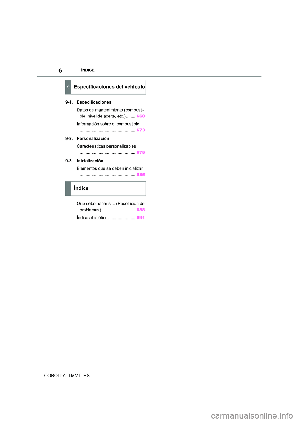 TOYOTA COROLLA 2021  Manual del propietario (in Spanish) 6ÍNDICE
COROLLA_TMMT_ES
9-1. Especificaciones 
Datos de mantenimiento (combusti- 
ble, nivel de aceite, etc.) ........ 660 
Información sobre el combustible 
........................................
