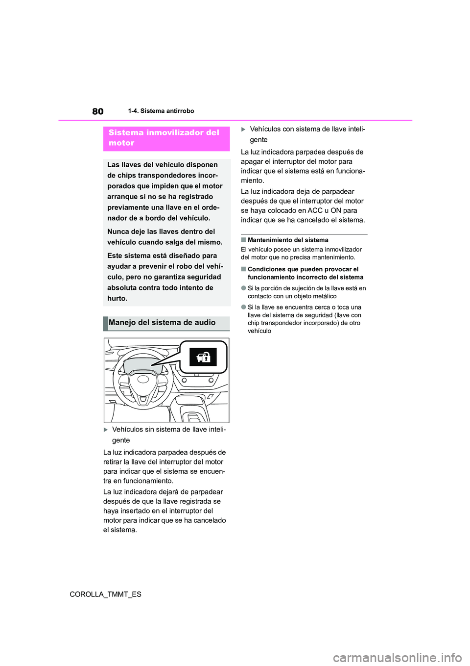 TOYOTA COROLLA 2020 Manual del propietario (in Spanish) 801-4. Sistema antirrobo
COROLLA_TMMT_ES
1-4.Sistema antirrobo
Vehículos sin sistema de llave inteli-
gente
La luz indicadora parpadea después de
retirar la llave del interruptor del motor
p TOYOTA COROLLA 2020 Manual del propietario (in Spanish) 801-4. Sistema antirrobo
COROLLA_TMMT_ES
1-4.Sistema antirrobo
Vehículos sin sistema de llave inteli-
gente
La luz indicadora parpadea después de
retirar la llave del interruptor del motor
p