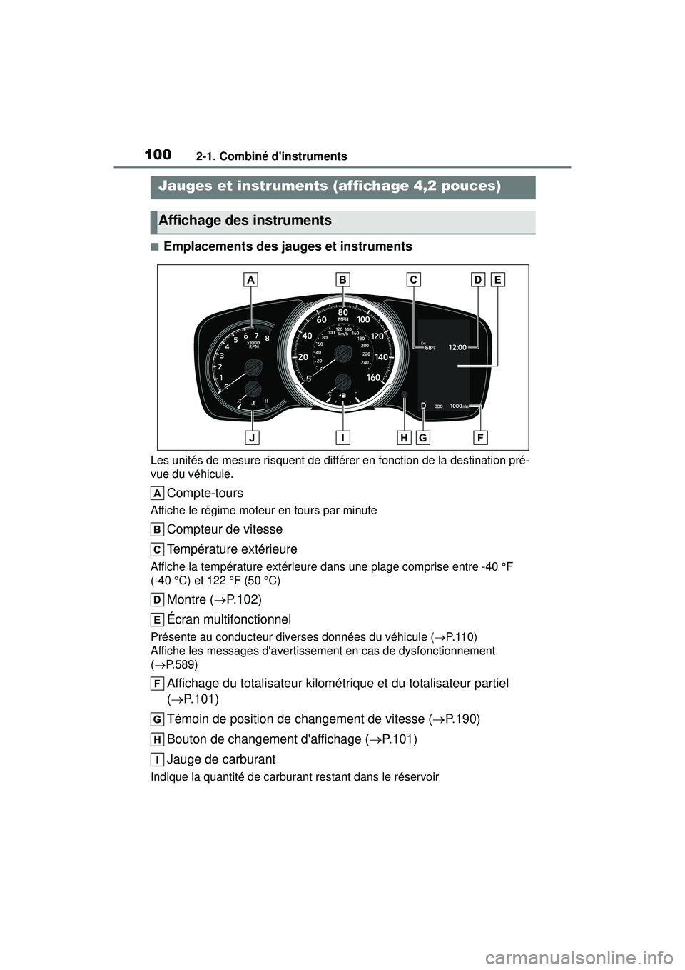 TOYOTA COROLLA 2021 Manuel du propriétaire (in French) 1002-1. Combiné dinstruments
COROLLA_D
■Emplacements des jauges et instruments
Les unités de mesure risquent de différer en fonction de la destination pré-
vue du véhicule.
Compte-tours
Affich TOYOTA COROLLA 2021 Manuel du propriétaire (in French) 1002-1. Combiné dinstruments
COROLLA_D
■Emplacements des jauges et instruments
Les unités de mesure risquent de différer en fonction de la destination pré-
vue du véhicule.
Compte-tours
Affich