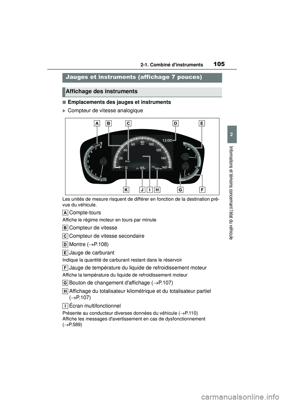 TOYOTA COROLLA 2021 Manuel du propriétaire (in French) 1052-1. Combiné dinstruments
COROLLA_D
2
Informations et témoins concernant l’état du véhicule
■Emplacements des jauges et instruments
Compteur de vitesse analogique
Les unités de mesure TOYOTA COROLLA 2021 Manuel du propriétaire (in French) 1052-1. Combiné dinstruments
COROLLA_D
2
Informations et témoins concernant l’état du véhicule
■Emplacements des jauges et instruments
Compteur de vitesse analogique
Les unités de mesure