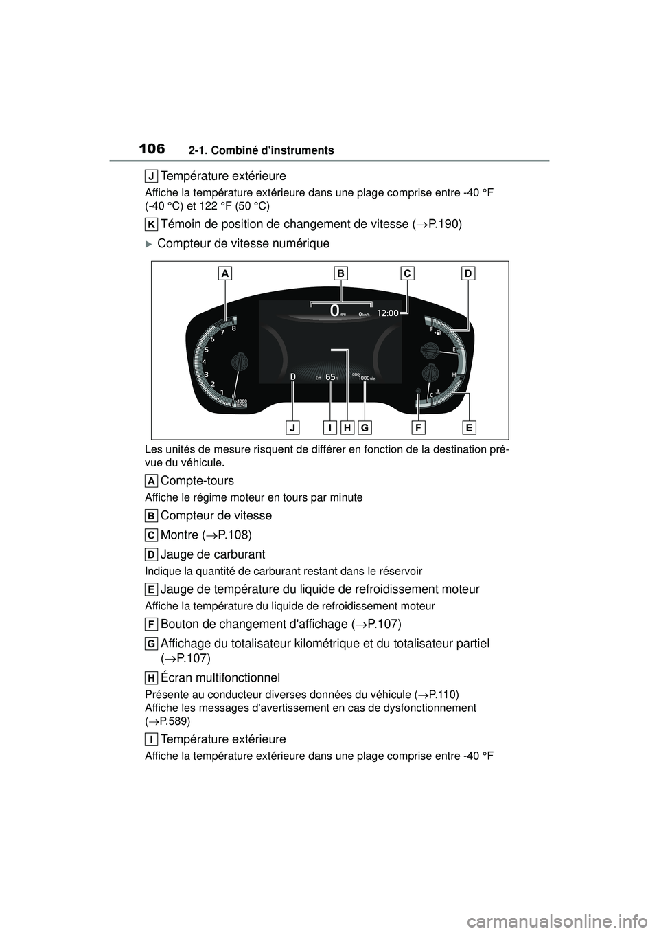 TOYOTA COROLLA 2021 Manuel du propriétaire (in French) 1062-1. Combiné dinstruments
COROLLA_D
Température extérieure
Affiche la température extérieure dans une plage comprise entre -40 °F
(-40 °C) et 122 °F (50 °C)
Témoin de position de change TOYOTA COROLLA 2021 Manuel du propriétaire (in French) 1062-1. Combiné dinstruments
COROLLA_D
Température extérieure
Affiche la température extérieure dans une plage comprise entre -40 °F
(-40 °C) et 122 °F (50 °C)
Témoin de position de change