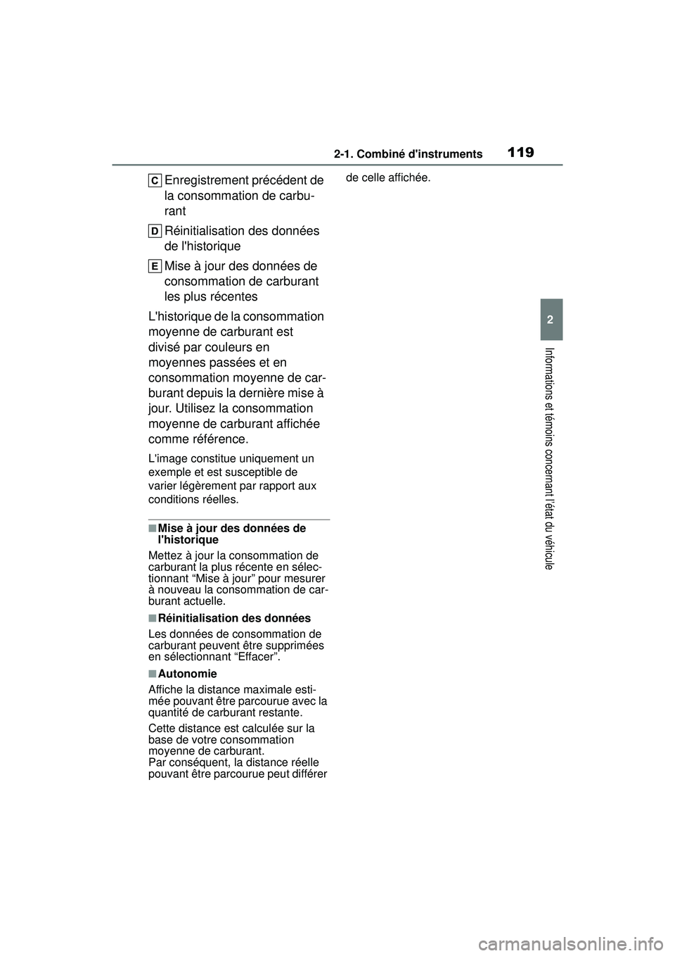 TOYOTA COROLLA 2021 Manuel du propriétaire (in French) 1192-1. Combiné dinstruments
COROLLA_D
2
Informations et témoins concernant l’état du véhicule
Enregistrement précédent de
la consommation de carbu-
rant
Réinitialisation des données
de l TOYOTA COROLLA 2021 Manuel du propriétaire (in French) 1192-1. Combiné dinstruments
COROLLA_D
2
Informations et témoins concernant l’état du véhicule
Enregistrement précédent de
la consommation de carbu-
rant
Réinitialisation des données
de l