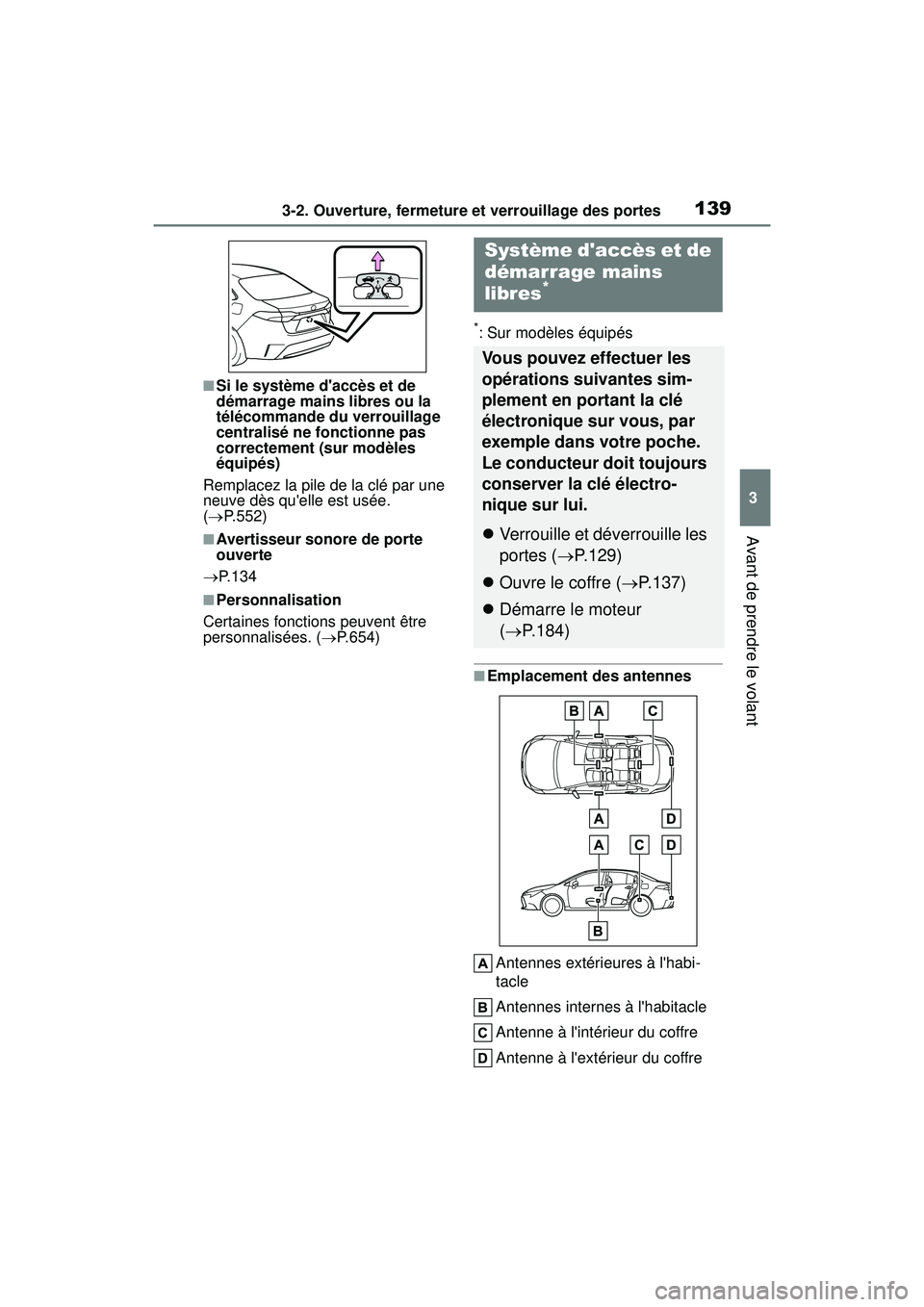 TOYOTA COROLLA 2021 Manuel du propriétaire (in French) 1393-2. Ouverture, fermeture et verrouillage des portes
COROLLA_D
3
Avant de prendre le volant
■Si le système daccès et de
démarrage mains libres ou la
télécommande du verrouillage
centrali TOYOTA COROLLA 2021 Manuel du propriétaire (in French) 1393-2. Ouverture, fermeture et verrouillage des portes
COROLLA_D
3
Avant de prendre le volant
■Si le système daccès et de
démarrage mains libres ou la
télécommande du verrouillage
centrali