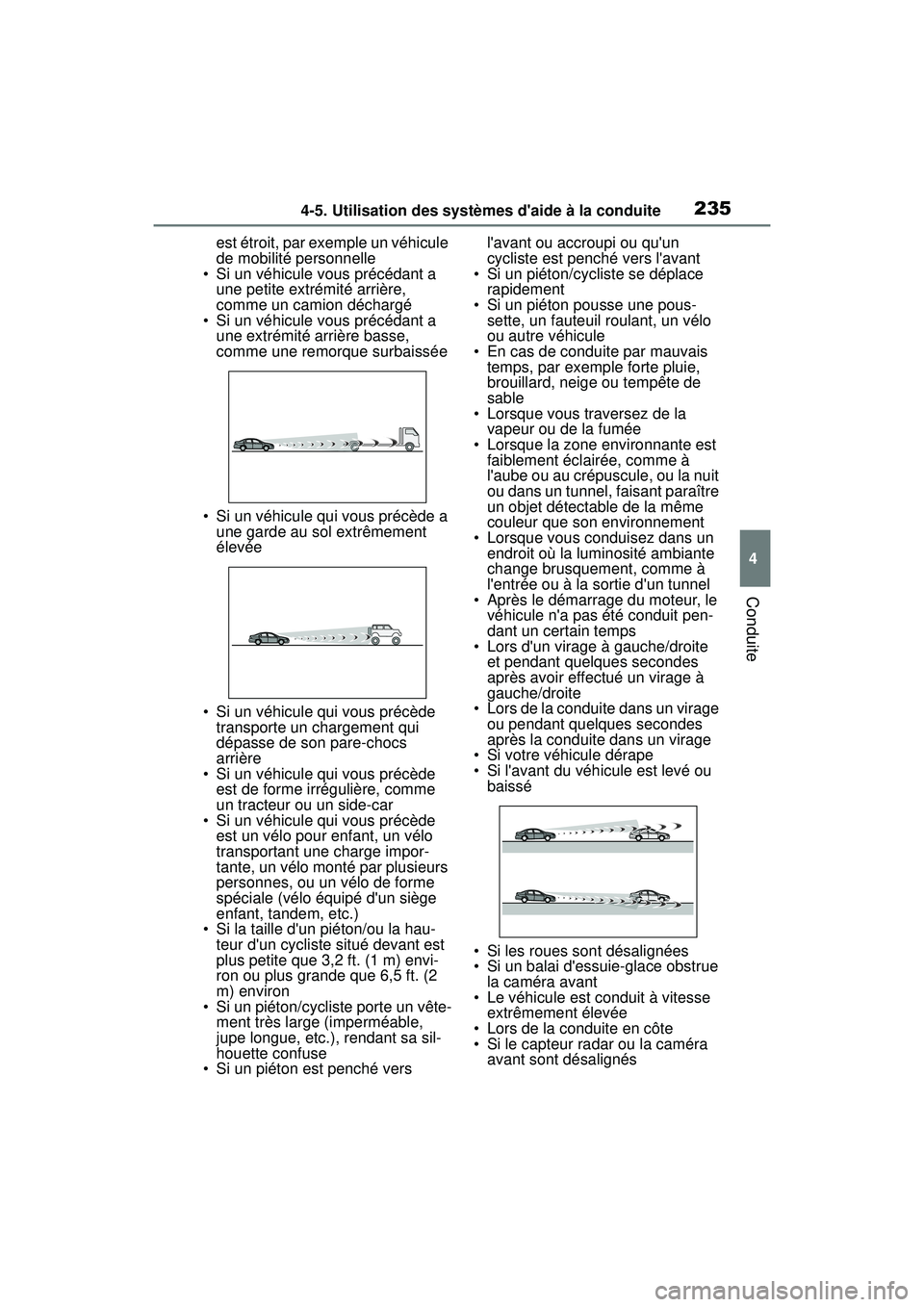TOYOTA COROLLA 2021 Manuel du propriétaire (in French) 2354-5. Utilisation des systèmes daide à la conduite
COROLLA_D
4
Conduite
est étroit, par exemple un véhicule
de mobilité personnelle
• Si un véhicule vous précédant a
une petite extrém TOYOTA COROLLA 2021 Manuel du propriétaire (in French) 2354-5. Utilisation des systèmes daide à la conduite
COROLLA_D
4
Conduite
est étroit, par exemple un véhicule
de mobilité personnelle
• Si un véhicule vous précédant a
une petite extrém