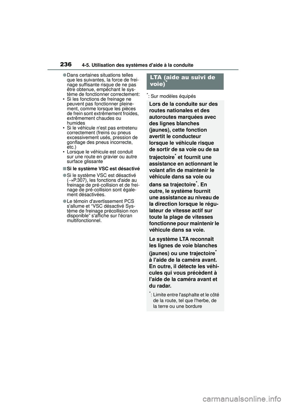 TOYOTA COROLLA 2021 Manuel du propriétaire (in French) 2364-5. Utilisation des systèmes daide à la conduite
COROLLA_D
●Dans certaines situations telles
que les suivantes, la force de frei-
nage suffisante risque de ne pas
être obtenue, empêchant TOYOTA COROLLA 2021 Manuel du propriétaire (in French) 2364-5. Utilisation des systèmes daide à la conduite
COROLLA_D
●Dans certaines situations telles
que les suivantes, la force de frei-
nage suffisante risque de ne pas
être obtenue, empêchant