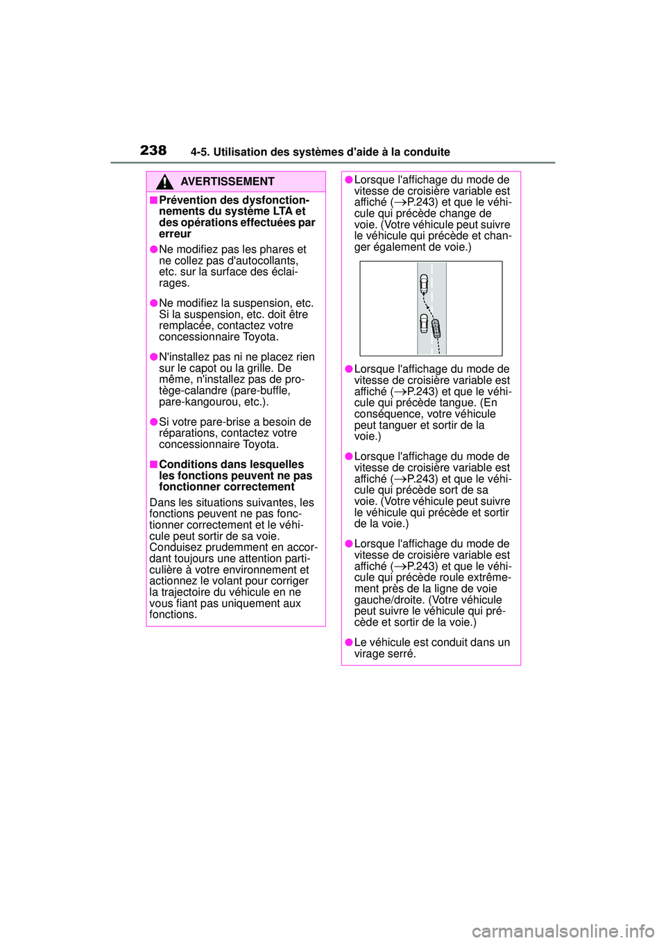 TOYOTA COROLLA 2021 Manuel du propriétaire (in French) 2384-5. Utilisation des systèmes daide à la conduite
COROLLA_D
AVERTISSEMENT
■Prévention des dysfonction-
nements du système LTA et
des opérations effectuées par
erreur
●Ne modifiez pas l TOYOTA COROLLA 2021 Manuel du propriétaire (in French) 2384-5. Utilisation des systèmes daide à la conduite
COROLLA_D
AVERTISSEMENT
■Prévention des dysfonction-
nements du système LTA et
des opérations effectuées par
erreur
●Ne modifiez pas l